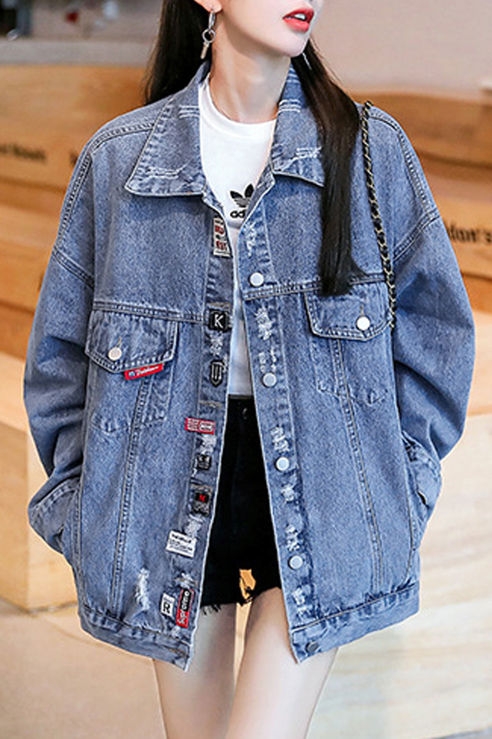 Women Superb Loose Style Casual Modern Ripped Style Denim Jacket