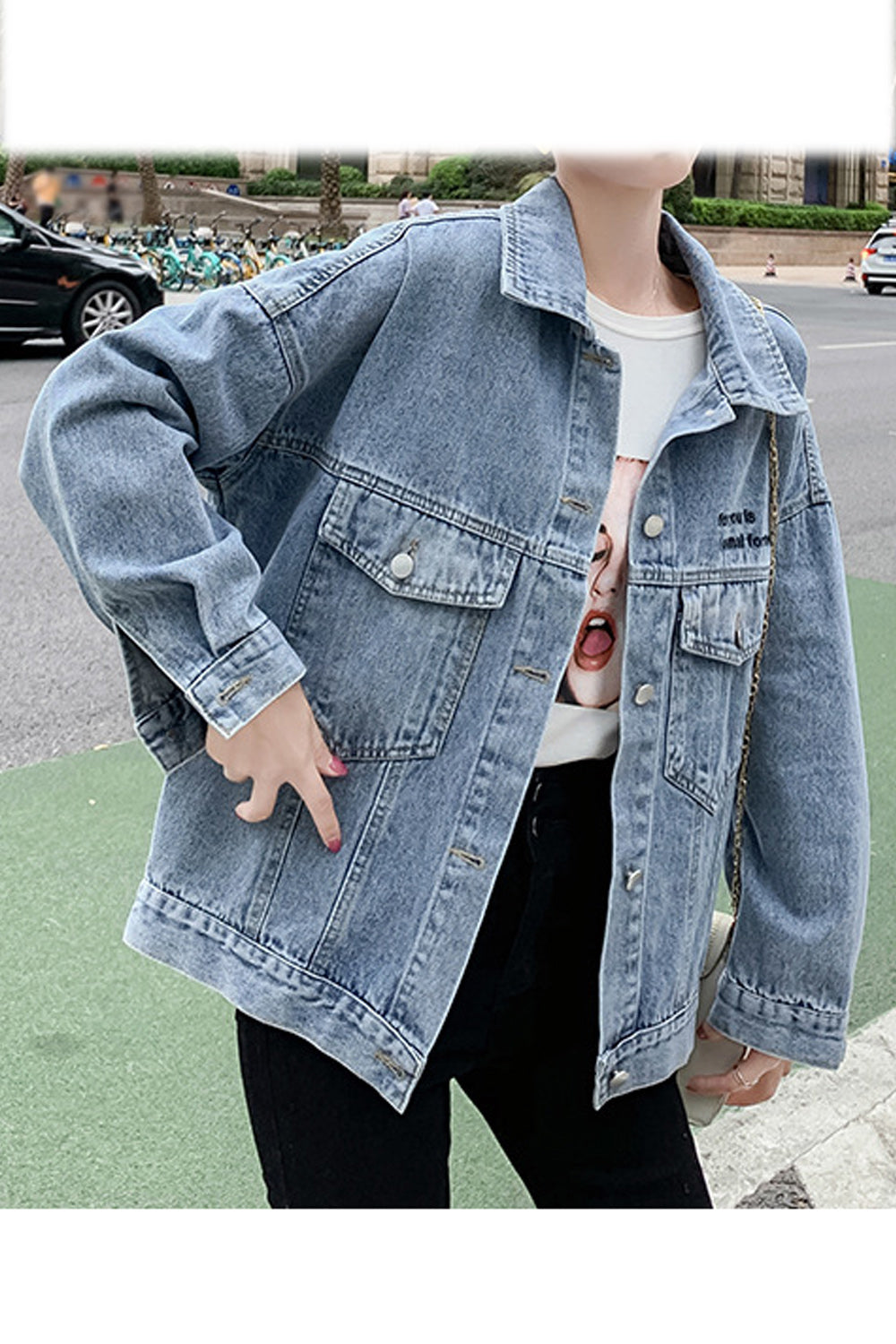 Women Collar Neck Loose Long Sleeve Modern Pocket Styled Denim Jacket