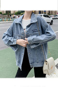 Women Collar Neck Loose Long Sleeve Modern Pocket Styled Denim Jacket
