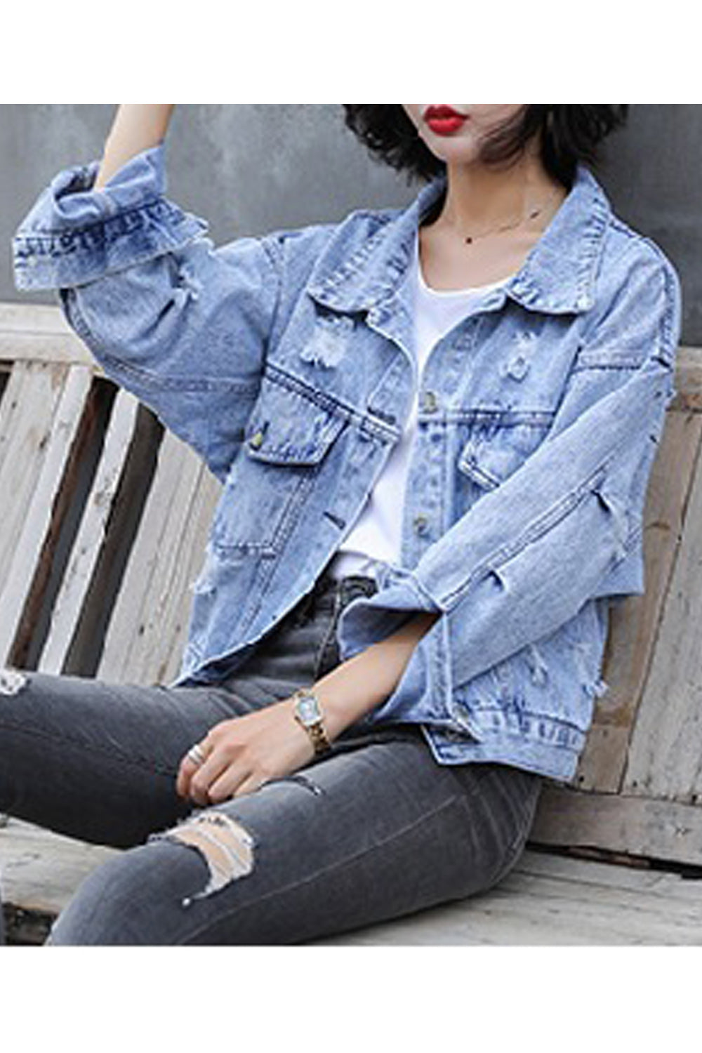 Women Tremendous Printed Pattern Warm Casual Long Sleeve Slim Fit Denim Jacket