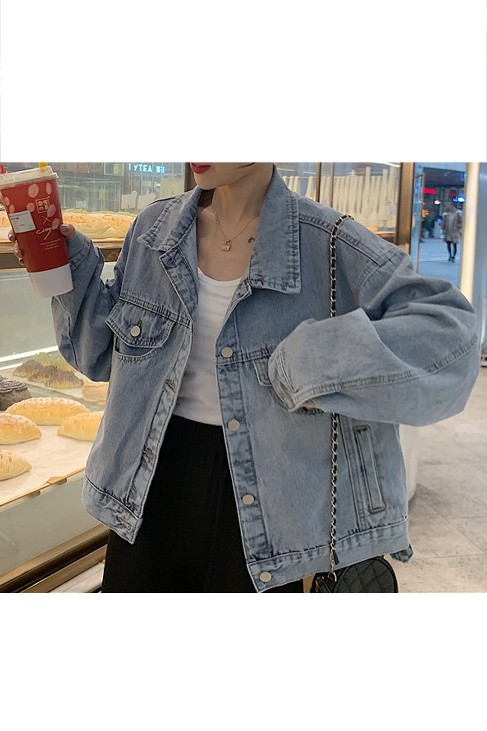 Women Collar Neck Tremendous Long Sleeve Breathable Loose Denim Jacket