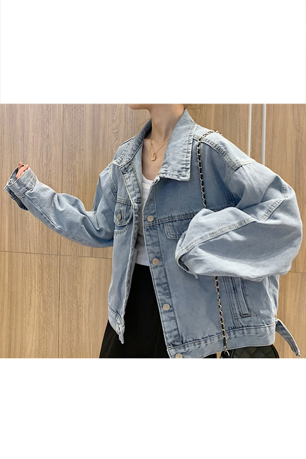 Women Collar Neck Tremendous Long Sleeve Breathable Loose Denim Jacket