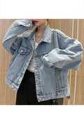 Women Collar Neck Tremendous Long Sleeve Breathable Loose Denim Jacket