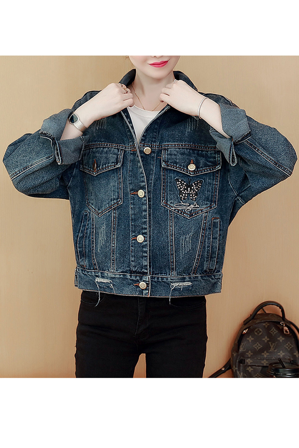 Women Modish Printed Pattern Loose Long Sleeve Collar Neck Superb Denim Jacket