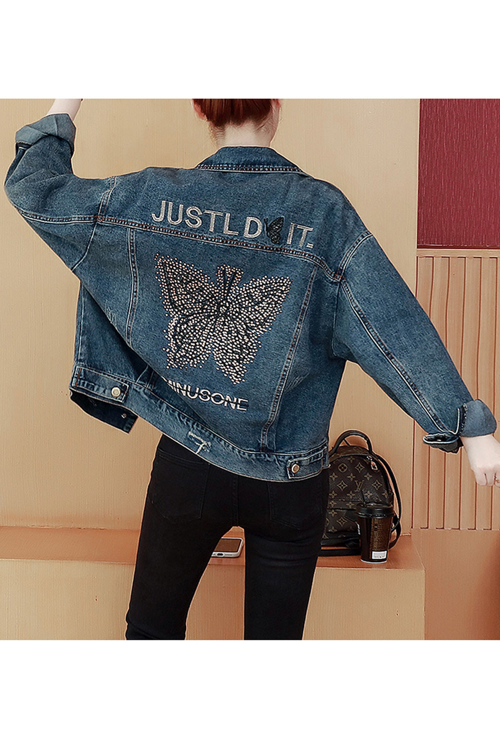 Women Modish Printed Pattern Loose Long Sleeve Collar Neck Superb Denim Jacket
