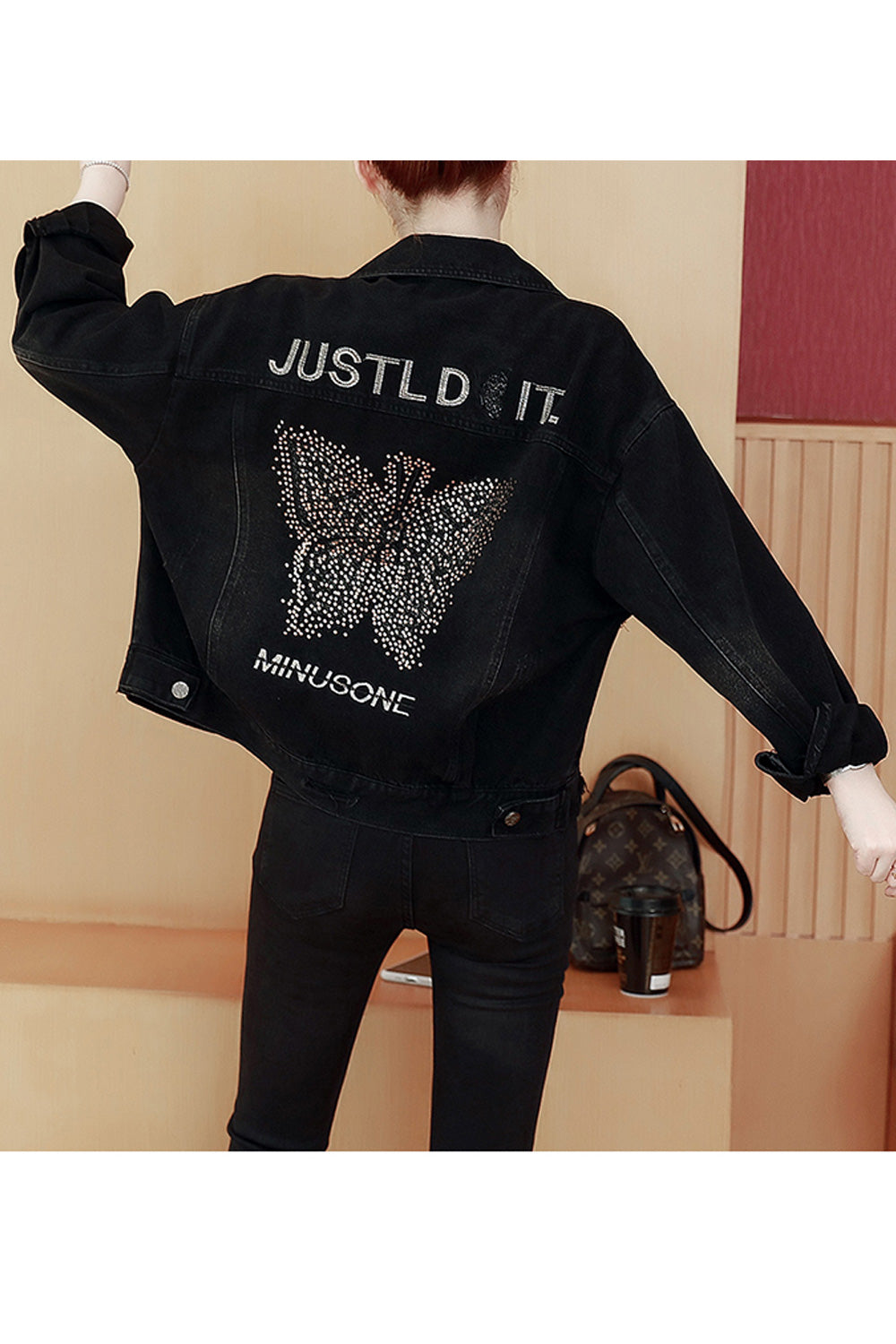 Women Modish Printed Pattern Loose Long Sleeve Collar Neck Superb Denim Jacket