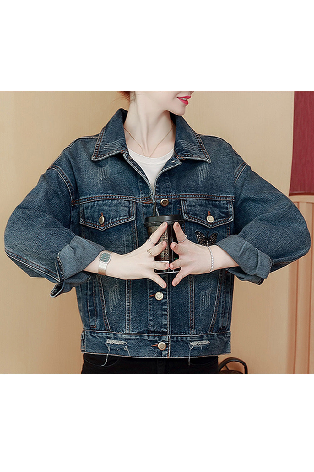 Women Modish Printed Pattern Loose Long Sleeve Collar Neck Superb Denim Jacket