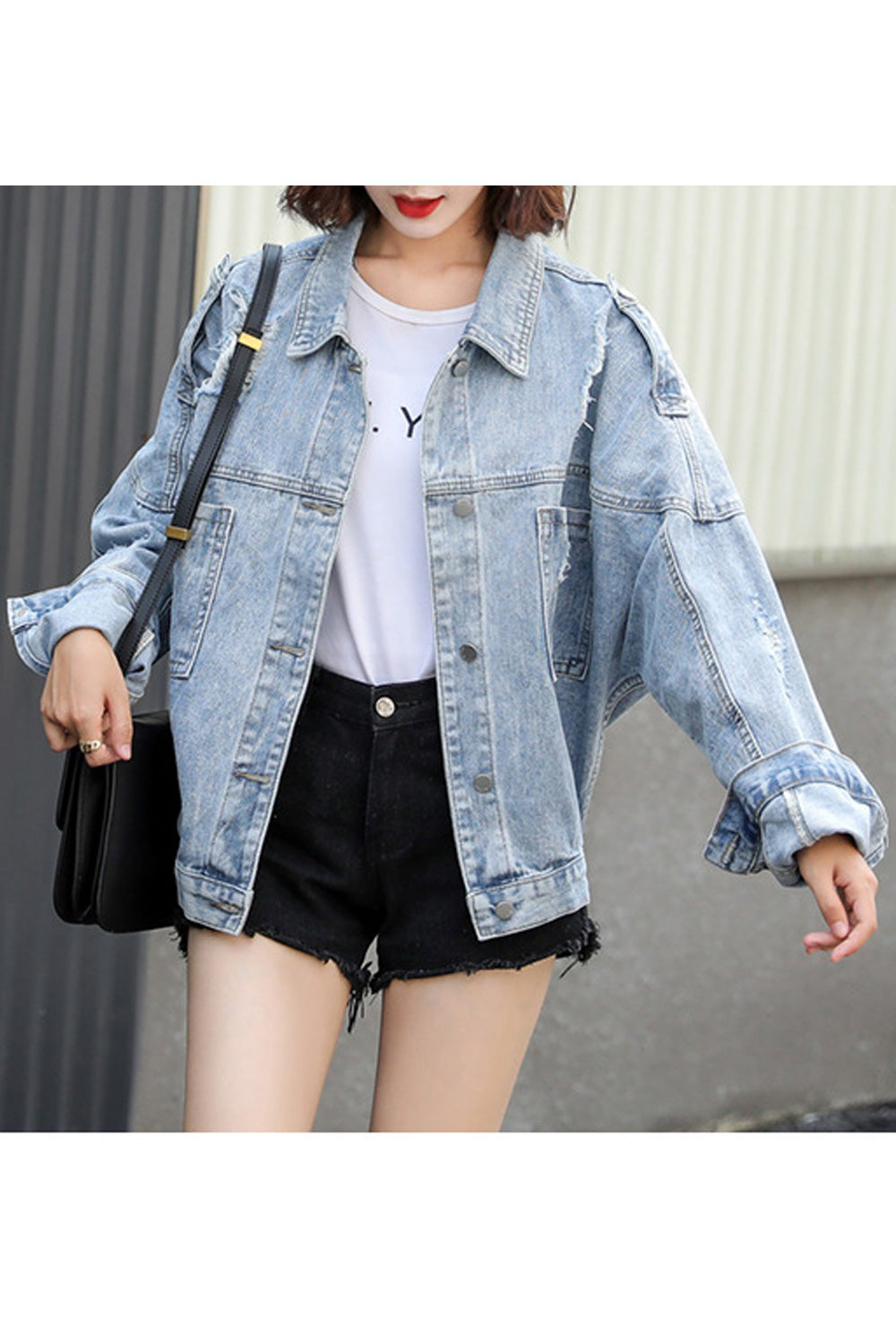 Women Magnificent Letter Printed Button Down Lightweight Long Sleeve Denim Jacket