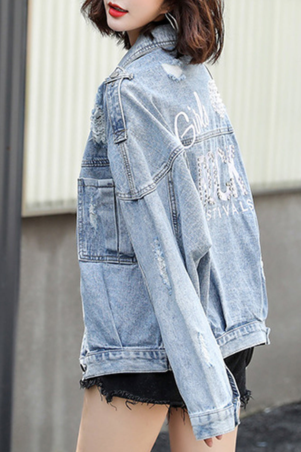 Women Magnificent Letter Printed Button Down Lightweight Long Sleeve Denim Jacket