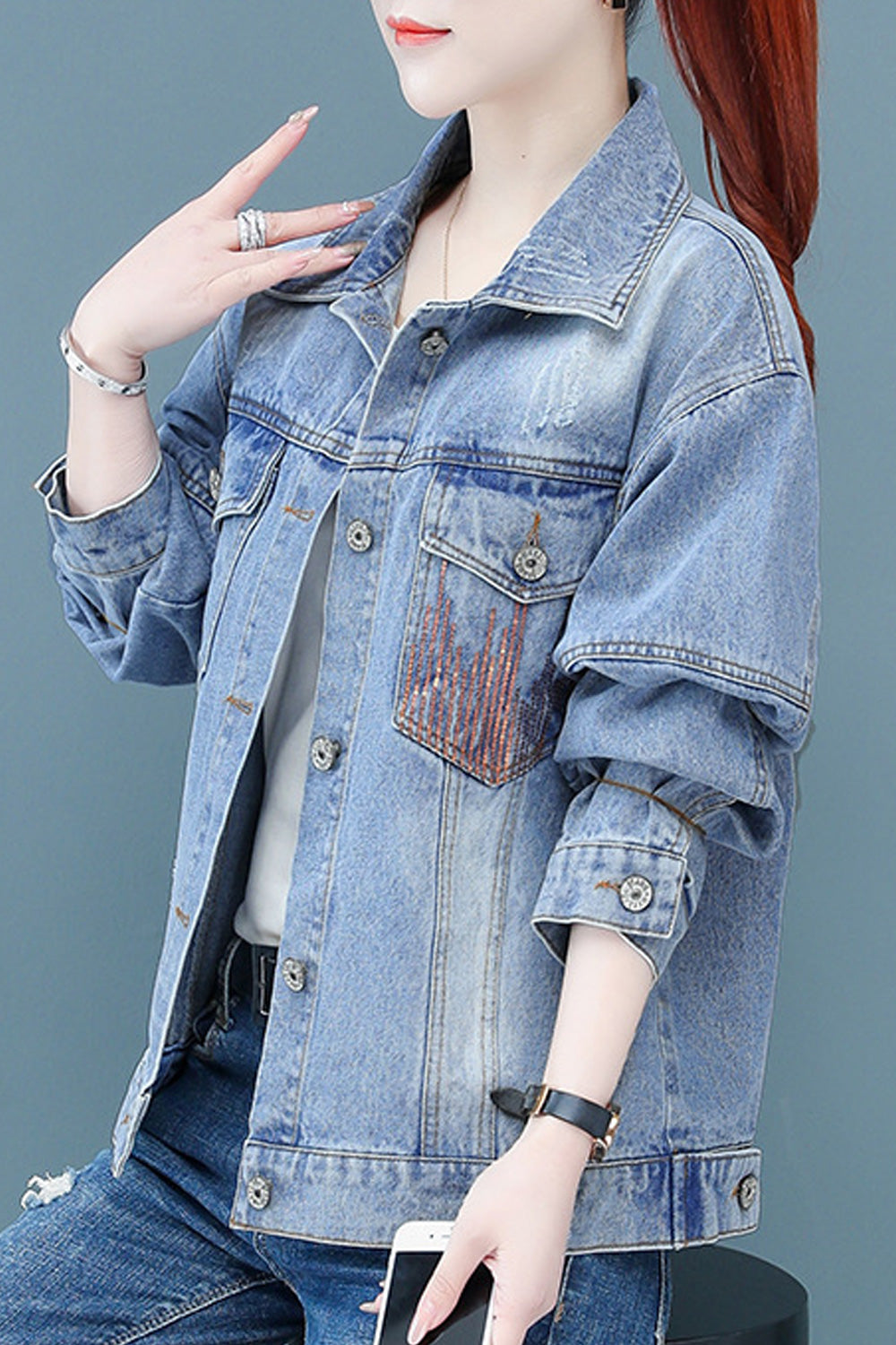 Women Fashionable Classy Button Closure Amazing Long Sleeve Solid Pattern Denim Jacket