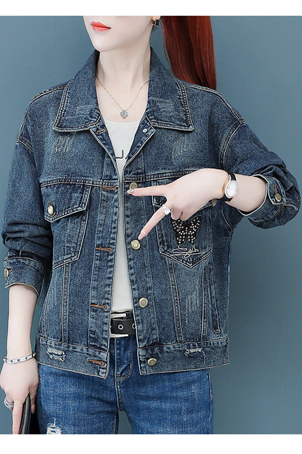 Women Convenient Button Down Autumn Long Sleeve Collar Neck Embroidery Pattern Denim Jacket