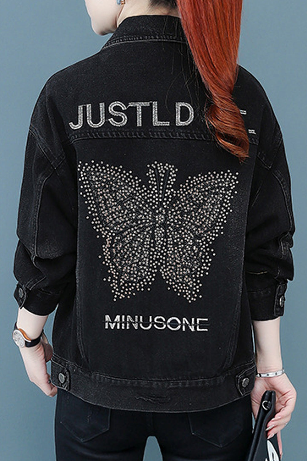 Women Convenient Button Down Autumn Long Sleeve Collar Neck Embroidery Pattern Denim Jacket