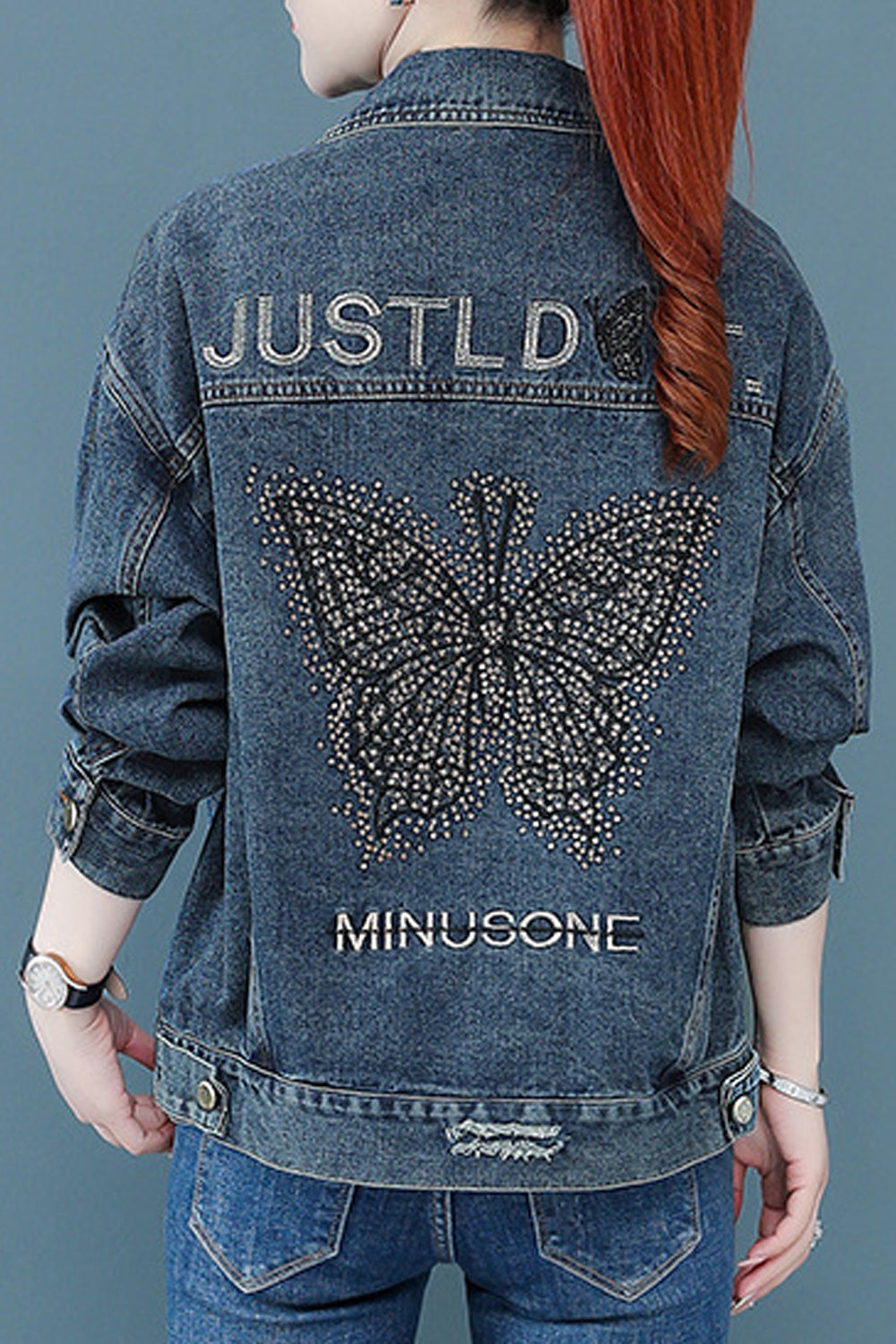 Women Convenient Button Down Autumn Long Sleeve Collar Neck Embroidery Pattern Denim Jacket