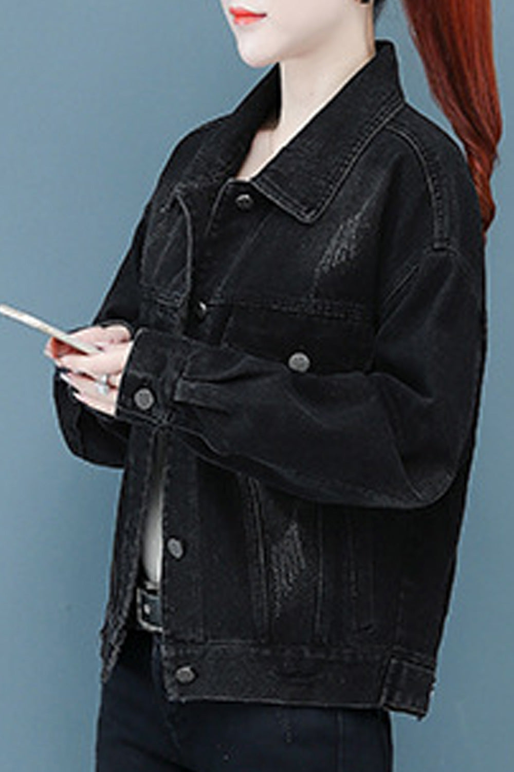 Women Convenient Button Down Autumn Long Sleeve Collar Neck Embroidery Pattern Denim Jacket