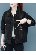 Women Convenient Button Down Autumn Long Sleeve Collar Neck Embroidery Pattern Denim Jacket