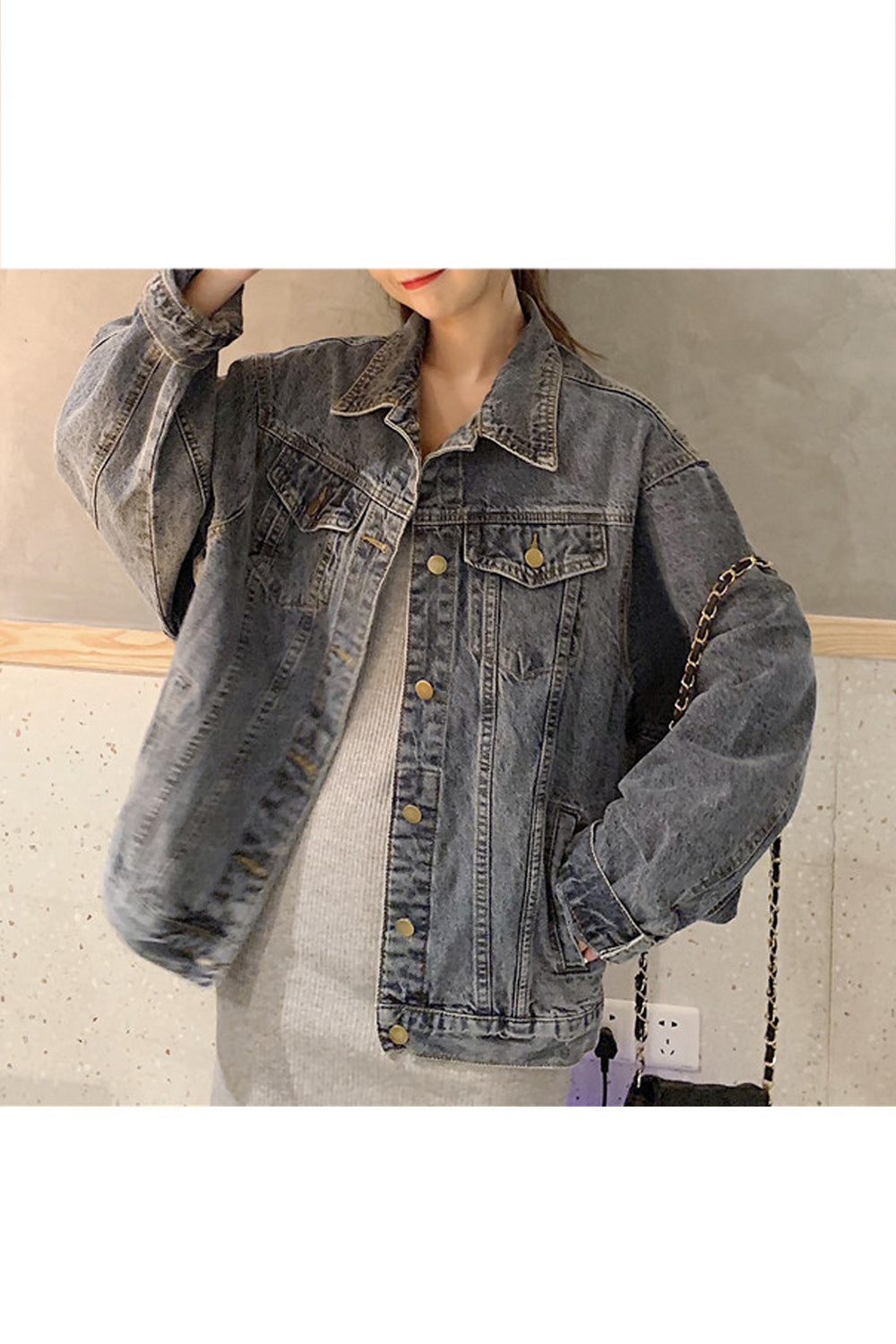 Women Long Sleeve Loose Pocket Styling Denim Jacket