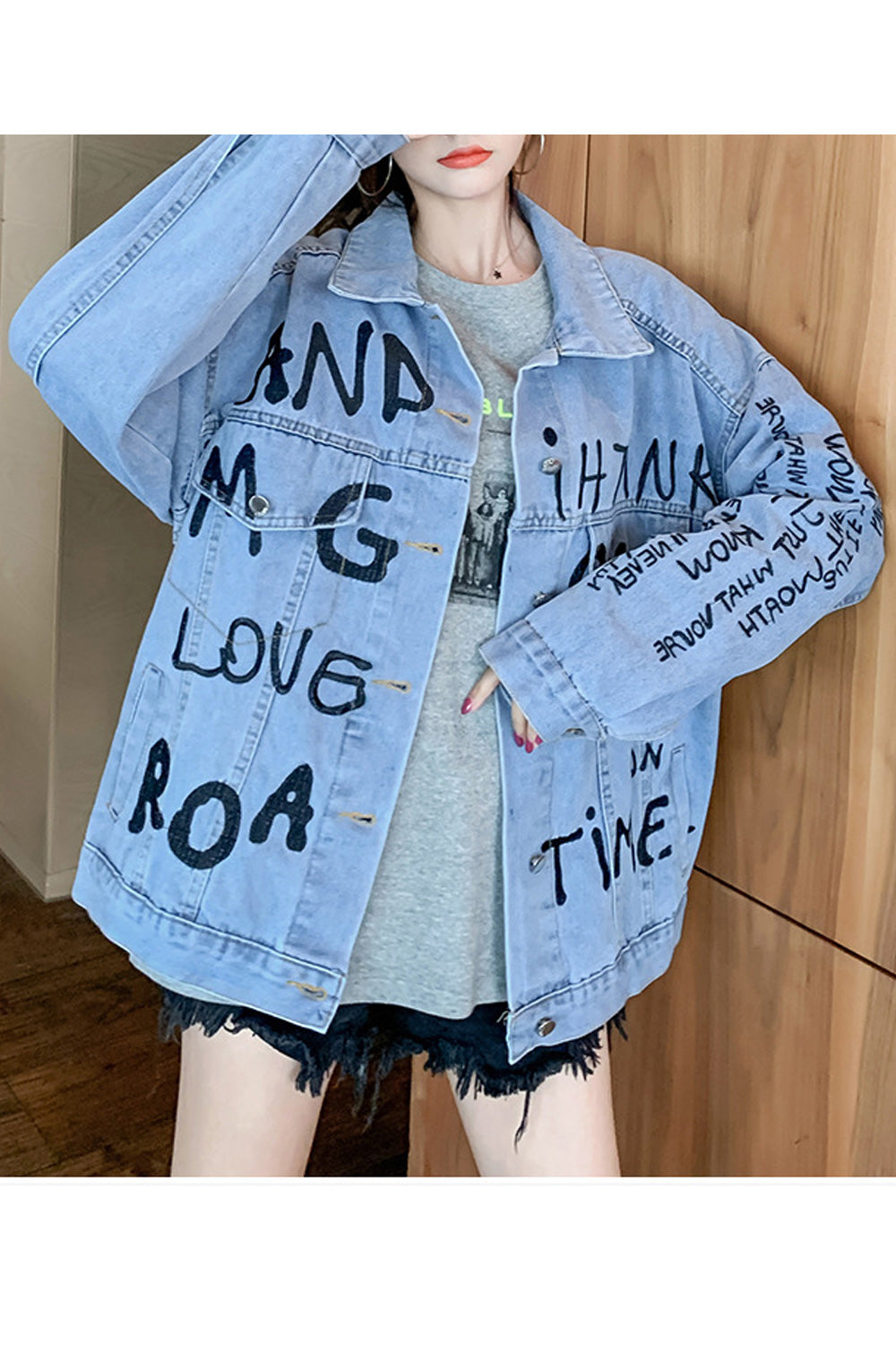 Women Fantastic Letter Embroidery Loose Ventilated Long Sleeve Collar Neck Denim Jacket