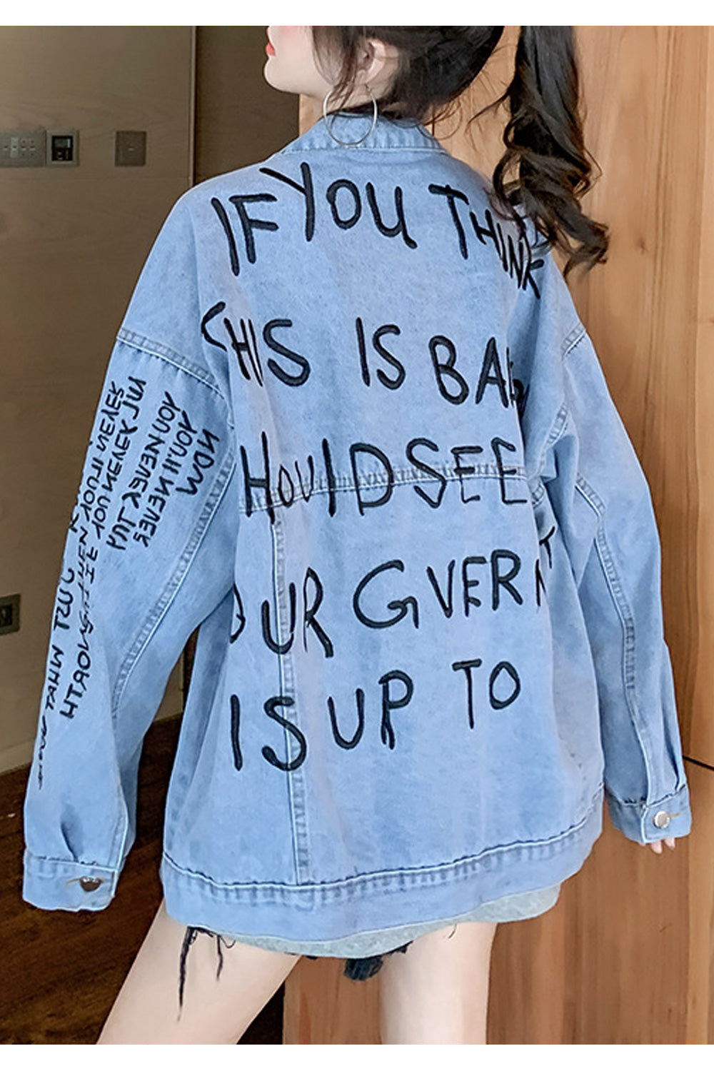 Women Fantastic Letter Embroidery Loose Ventilated Long Sleeve Collar Neck Denim Jacket
