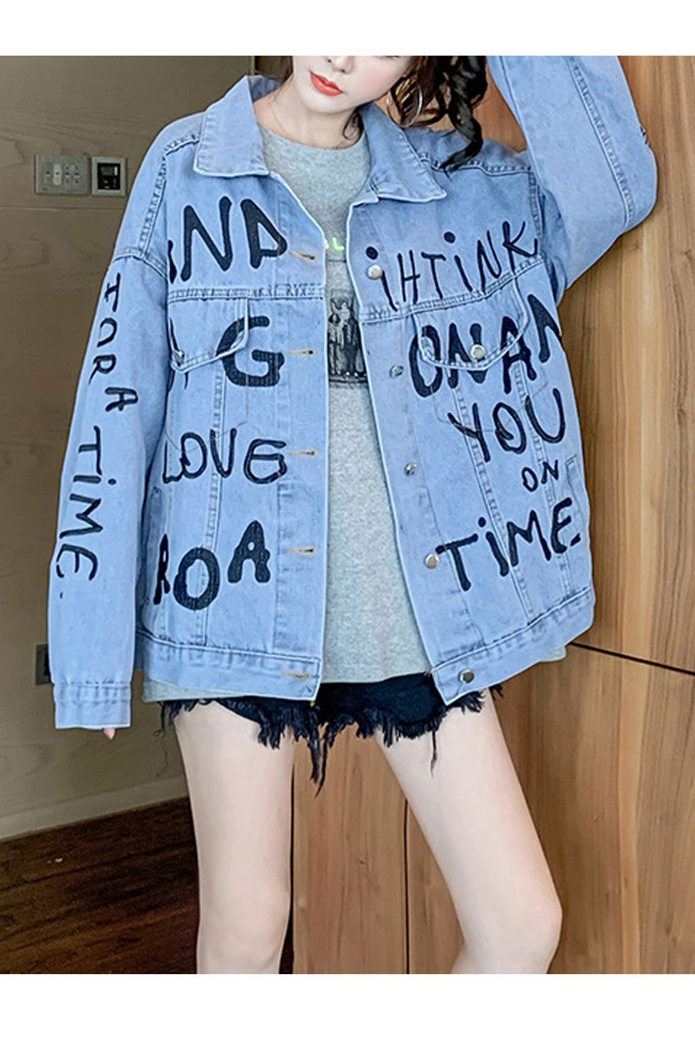 Women Fantastic Letter Embroidery Loose Ventilated Long Sleeve Collar Neck Denim Jacket