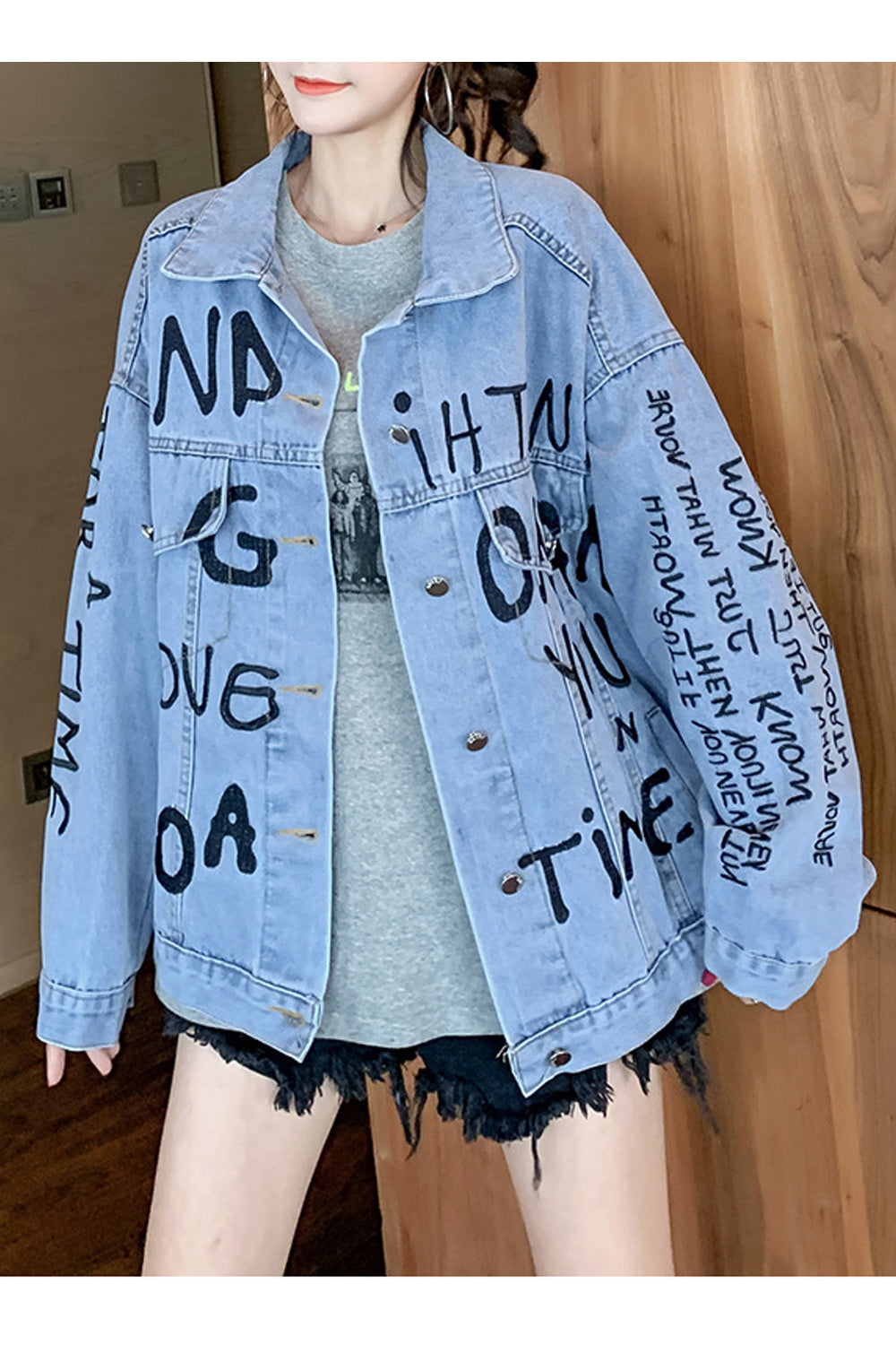Women Fantastic Letter Embroidery Loose Ventilated Long Sleeve Collar Neck Denim Jacket