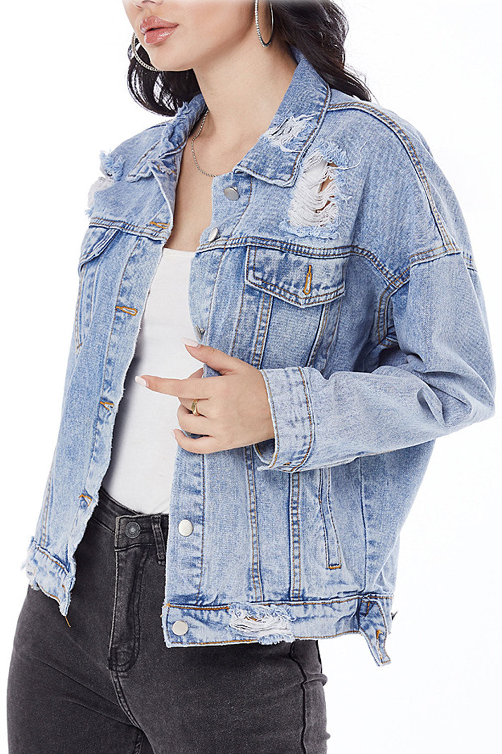 Women Long Sleeve Snap Button Lovely Pocket Styling Denim Jacket