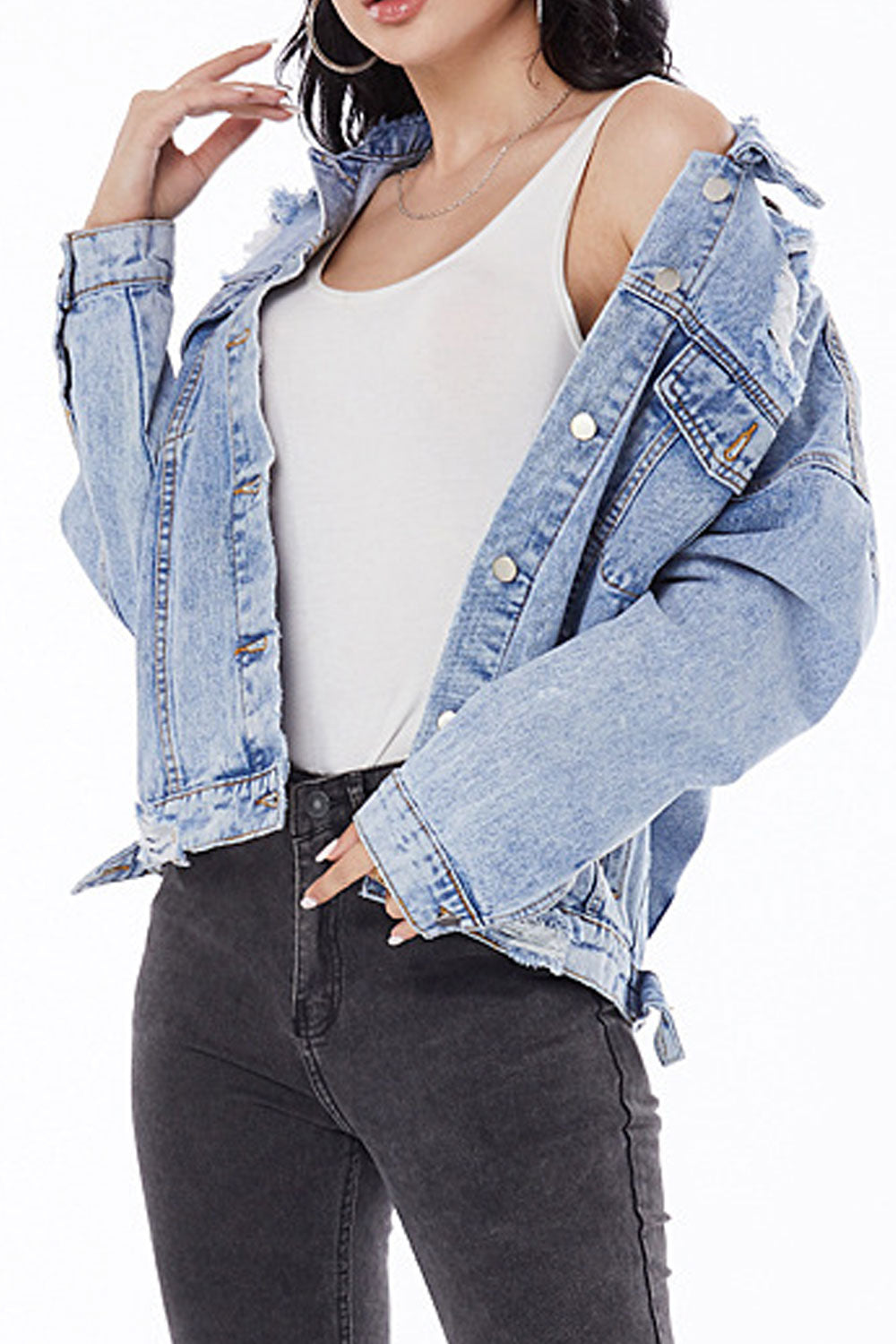 Women Long Sleeve Snap Button Lovely Pocket Styling Denim Jacket