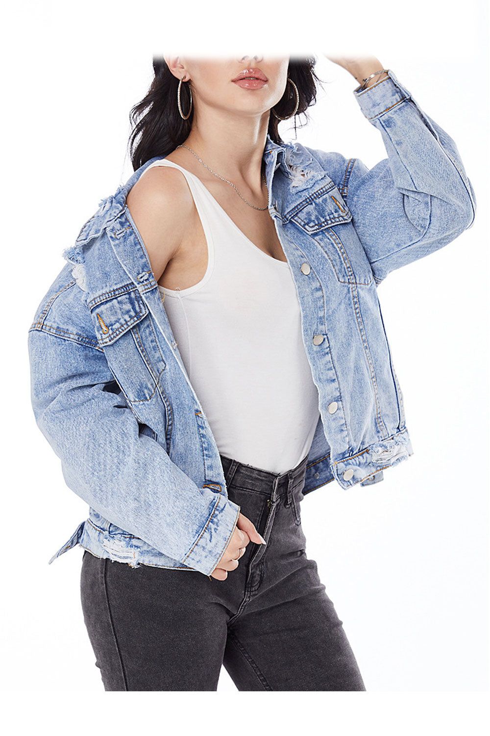 Women Long Sleeve Snap Button Lovely Pocket Styling Denim Jacket