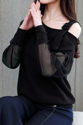 Women Tremendous Solid Colored See Through Lantern Sleeves Oblique Neck Ribbem Hem Casual Shirt