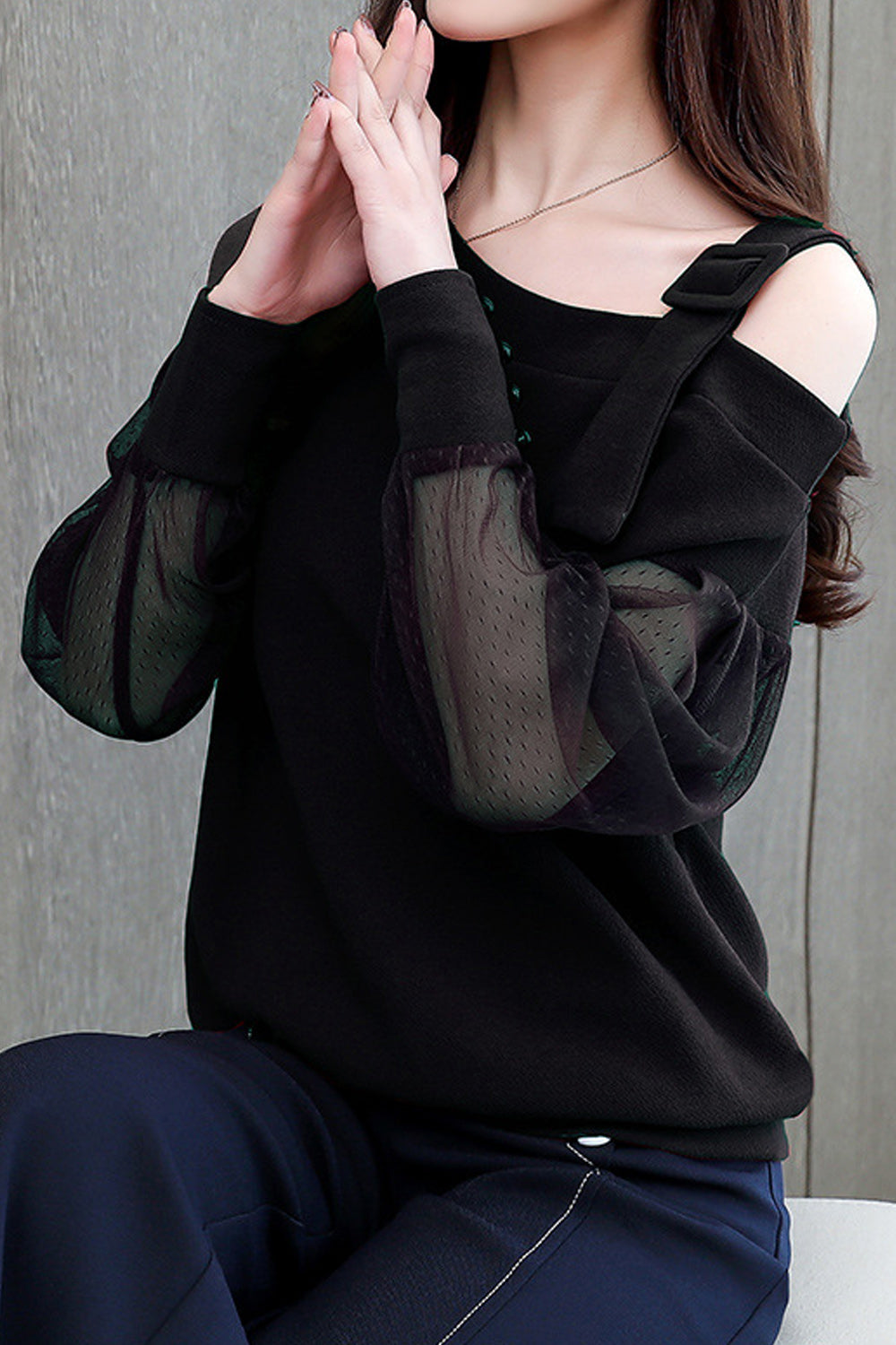 Women Tremendous Solid Colored See Through Lantern Sleeves Oblique Neck Ribbem Hem Casual Shirt