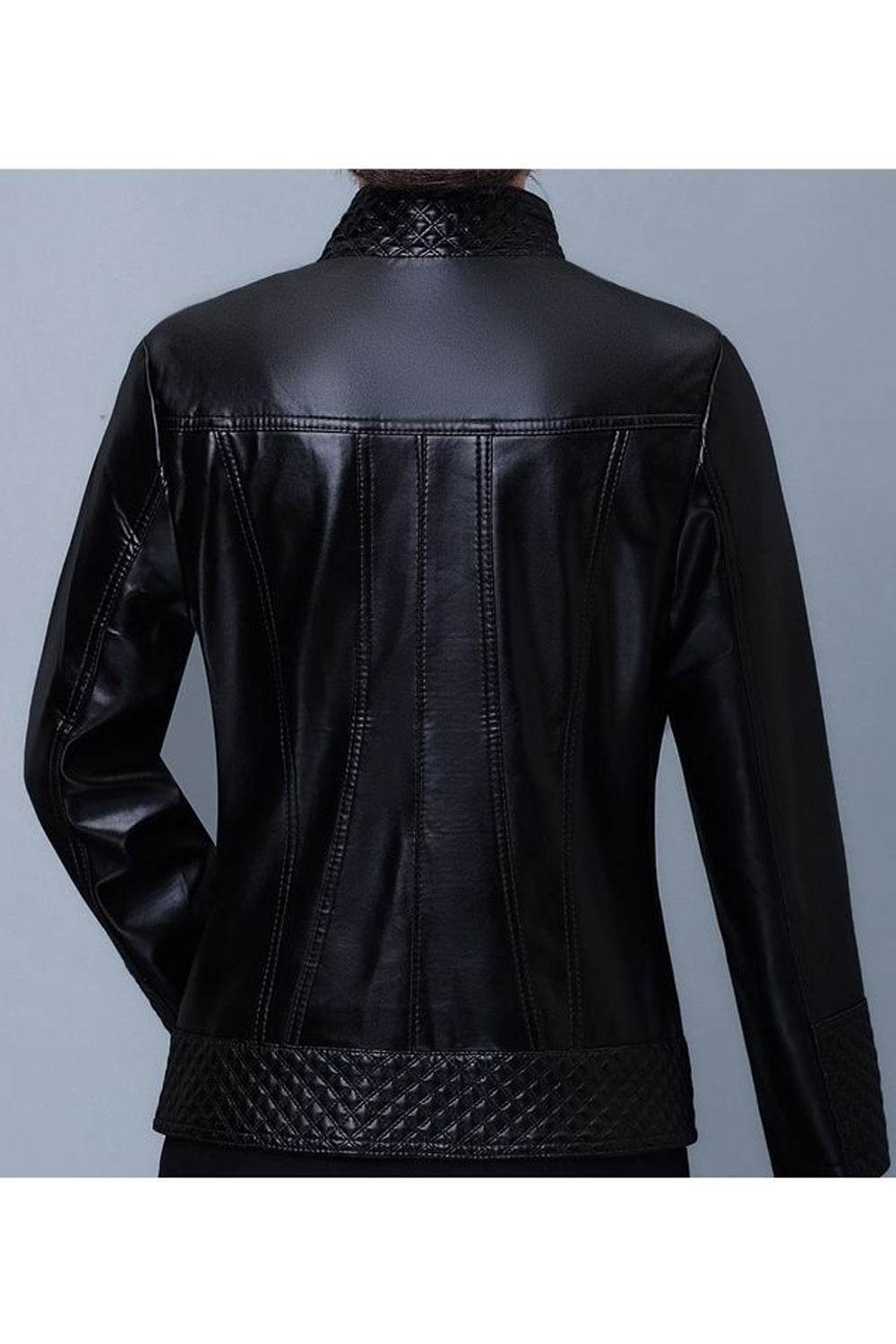 Women Zipper Closure Solid Colored Relax Fit Long Sleeve Stand Up Collar Thick PU Leather Jacket