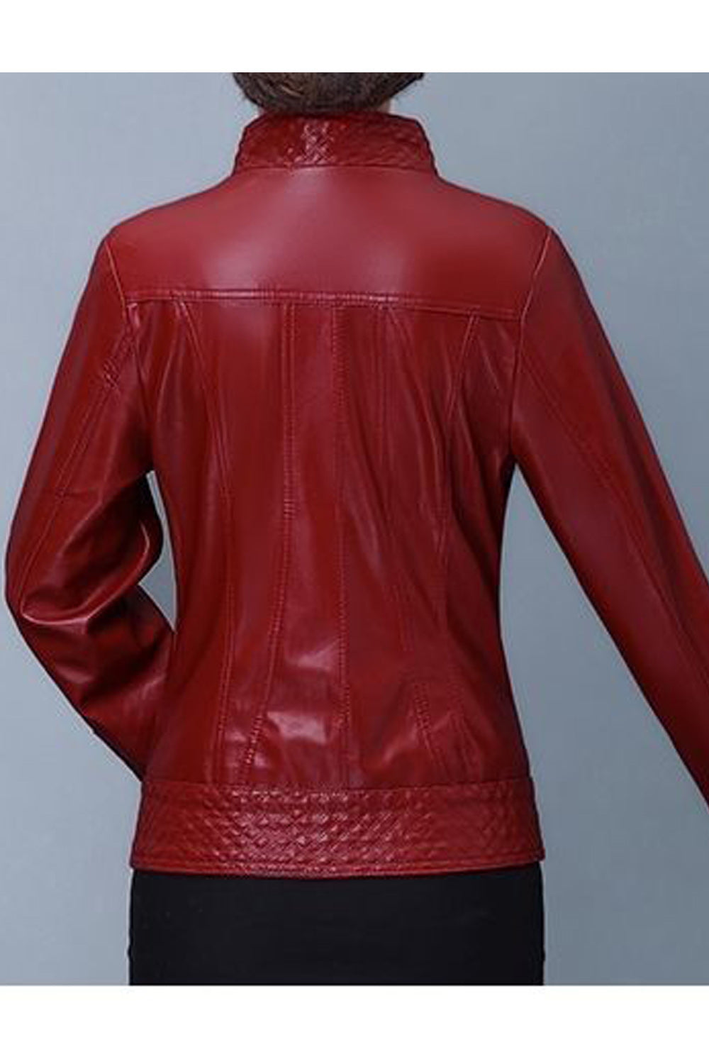 Women Zipper Closure Solid Colored Relax Fit Long Sleeve Stand Up Collar Thick PU Leather Jacket