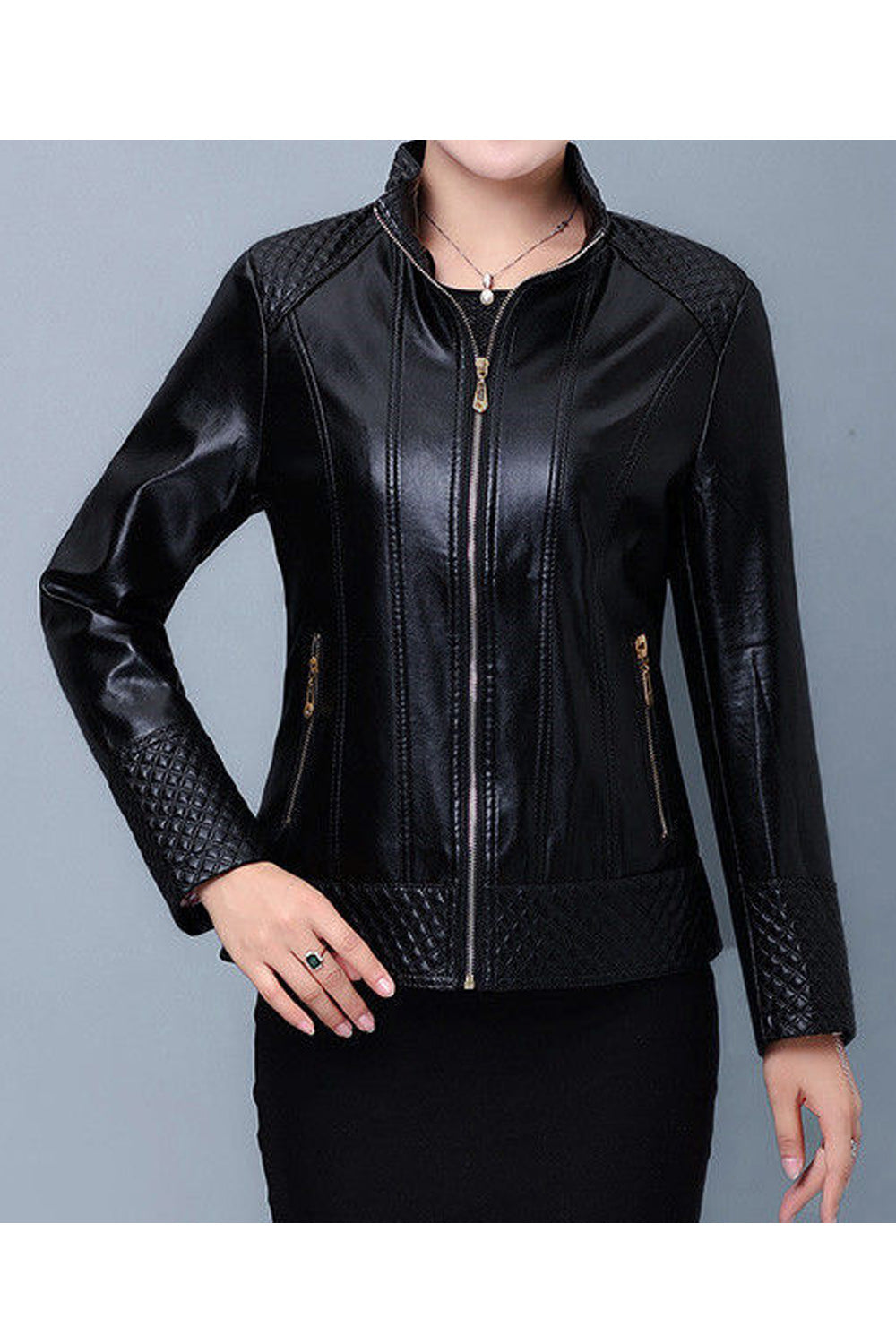 Women Zipper Closure Solid Colored Relax Fit Long Sleeve Stand Up Collar Thick PU Leather Jacket