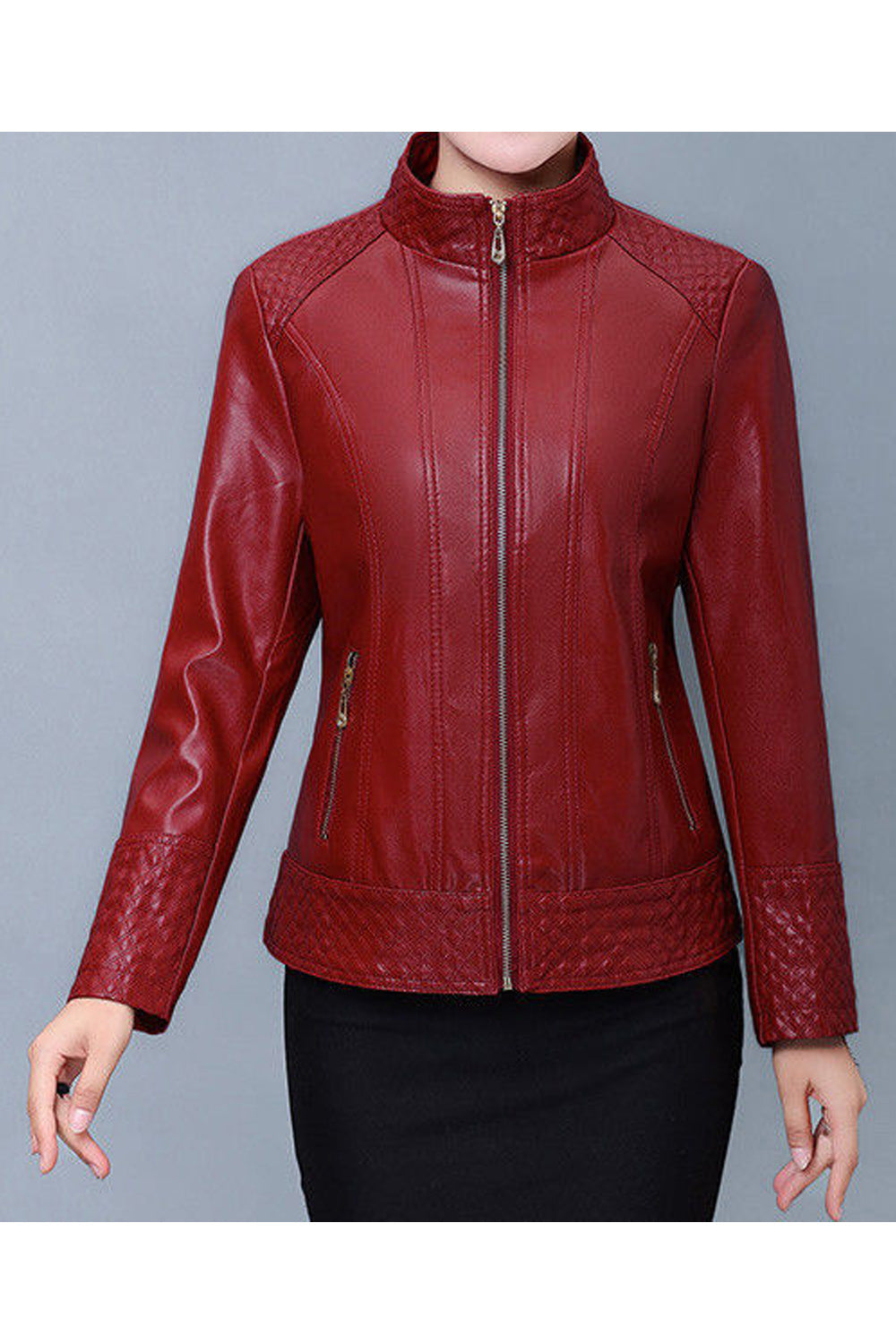 Women Zipper Closure Solid Colored Relax Fit Long Sleeve Stand Up Collar Thick PU Leather Jacket