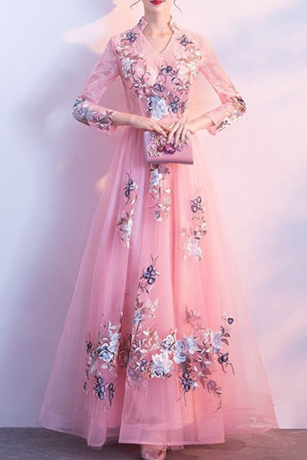 Women Magnificent Flower Pattern Easy Collar Neck Short Sleeve Long Slim Waist Wedding Dress