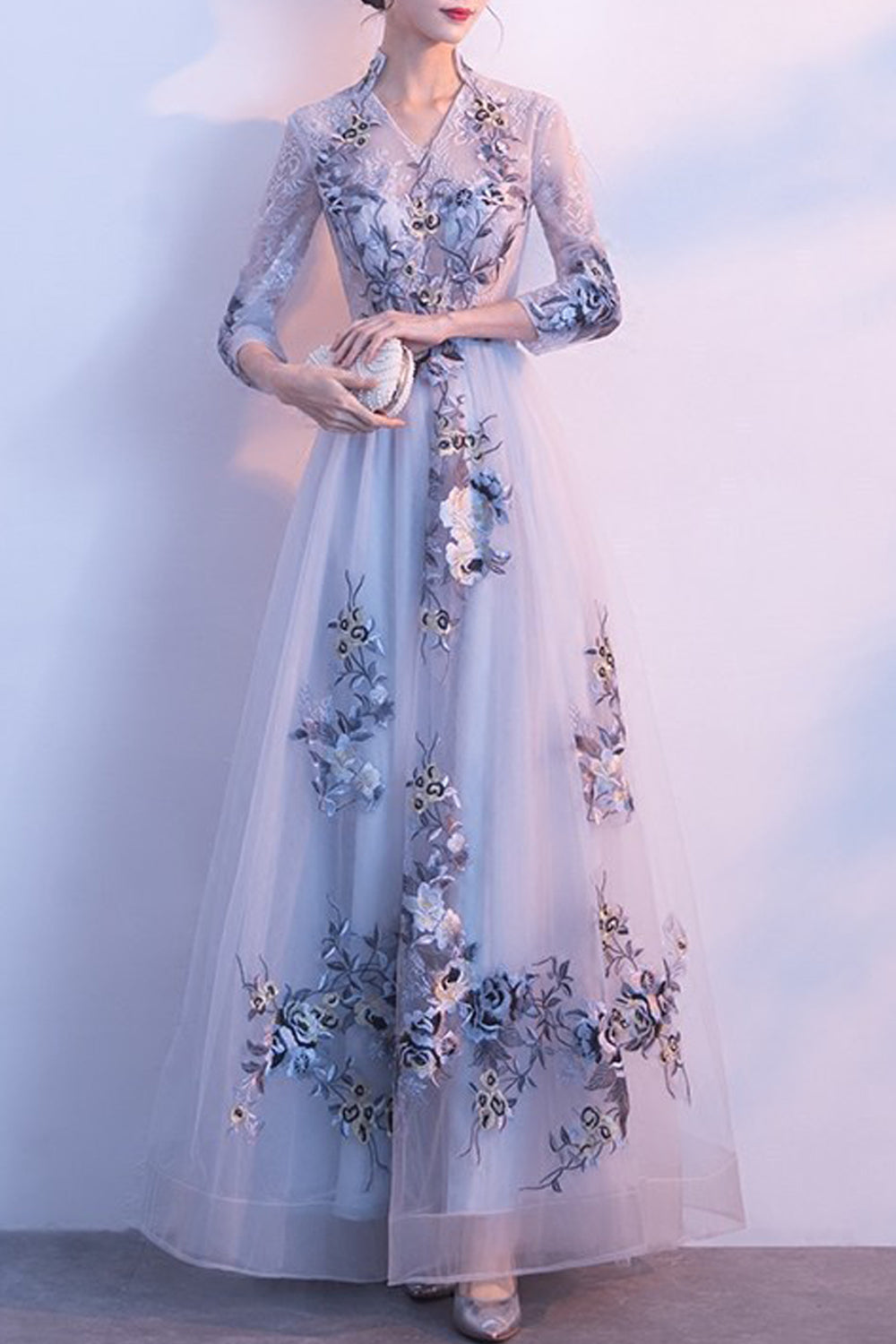 Women Magnificent Flower Pattern Easy Collar Neck Short Sleeve Long Slim Waist Wedding Dress