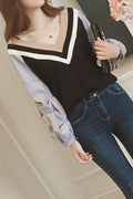 Women Soft & Thin Long Sleeve Easy V-Neck Delightful Striped Pattern Pullover Summer Convenient Shirt