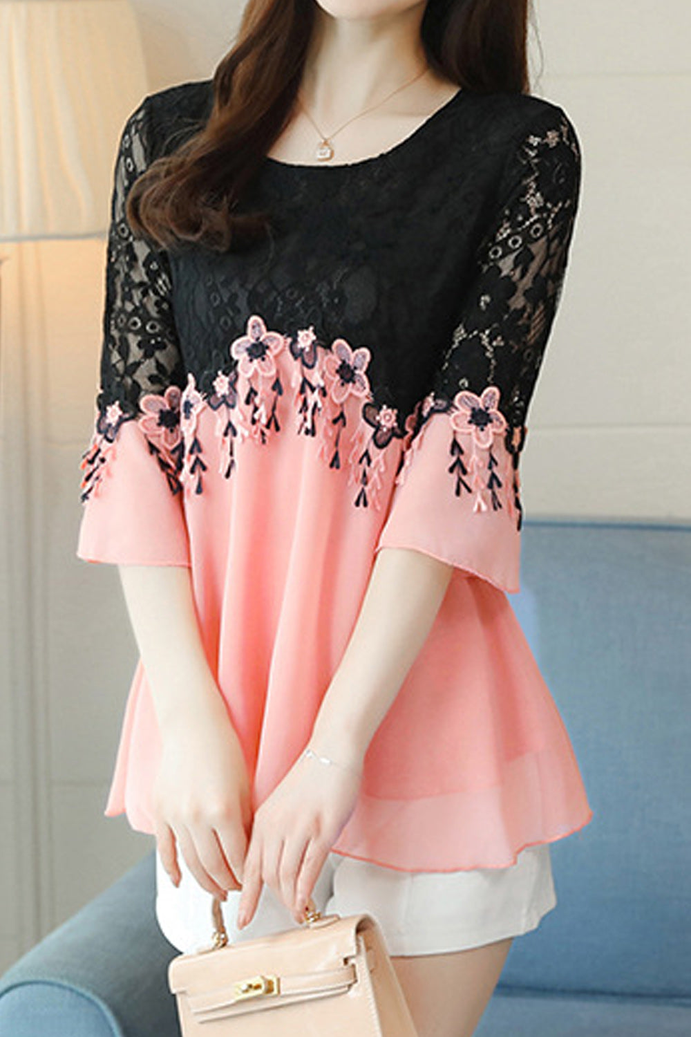 Women Sophisticated Lace Pattern Relaxed Round Neck Elbow Sleeve Pullover Casual Shirt