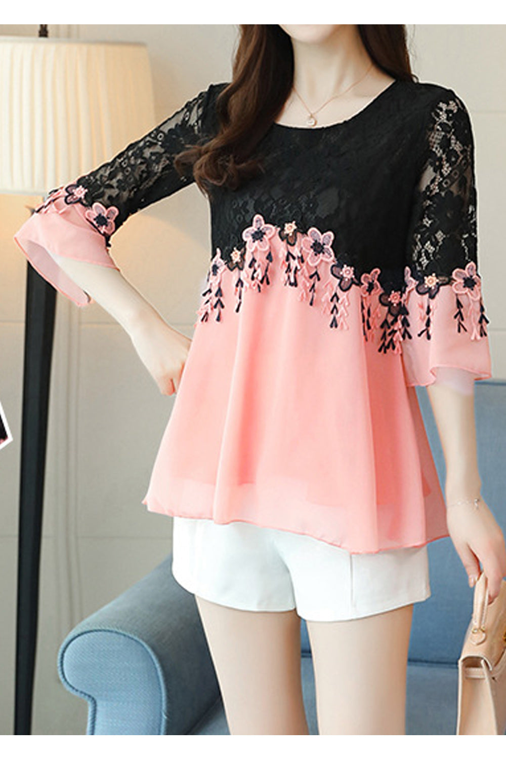 Women Sophisticated Lace Pattern Relaxed Round Neck Elbow Sleeve Pullover Casual Shirt
