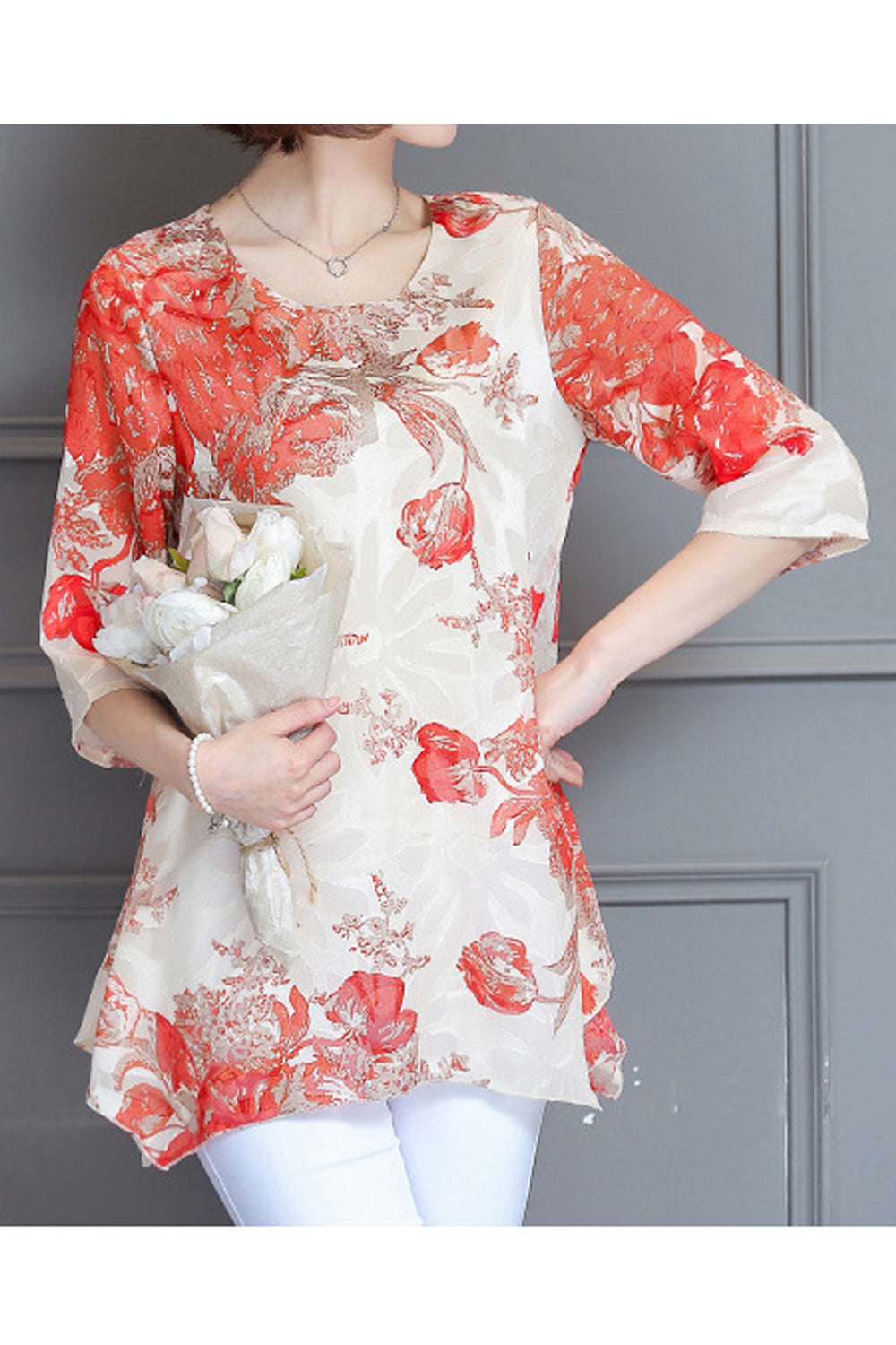 Women Lovely Printed Pattern Easy Round Neck Thin & Soft Short Sleeve Summer Casual Chiffon Blouse