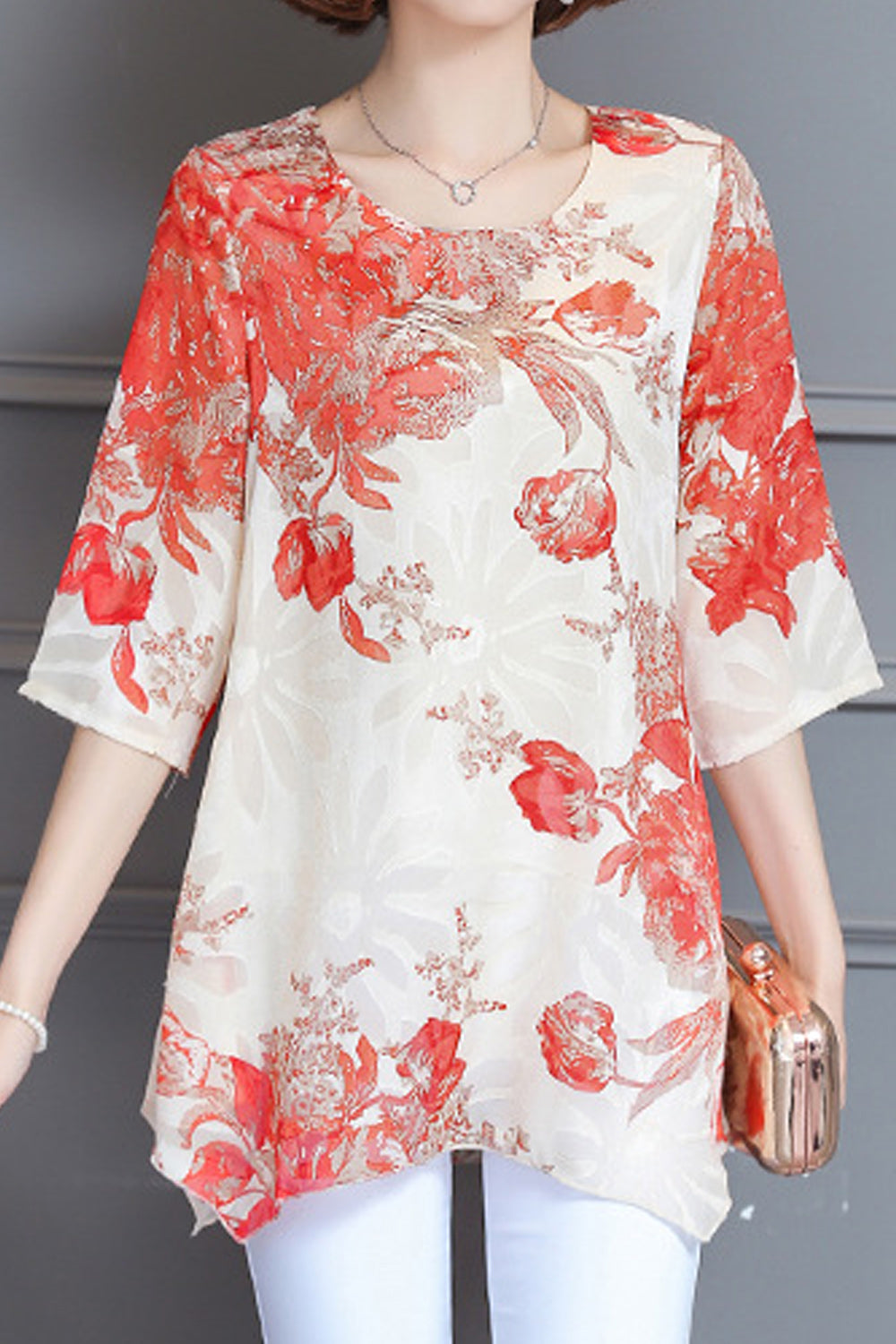 Women Lovely Printed Pattern Easy Round Neck Thin & Soft Short Sleeve Summer Casual Chiffon Blouse