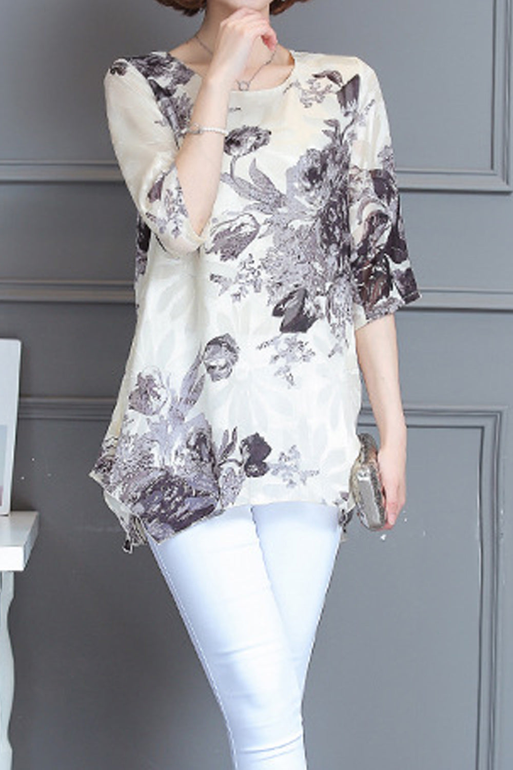 Women Lovely Printed Pattern Easy Round Neck Thin & Soft Short Sleeve Summer Casual Chiffon Blouse