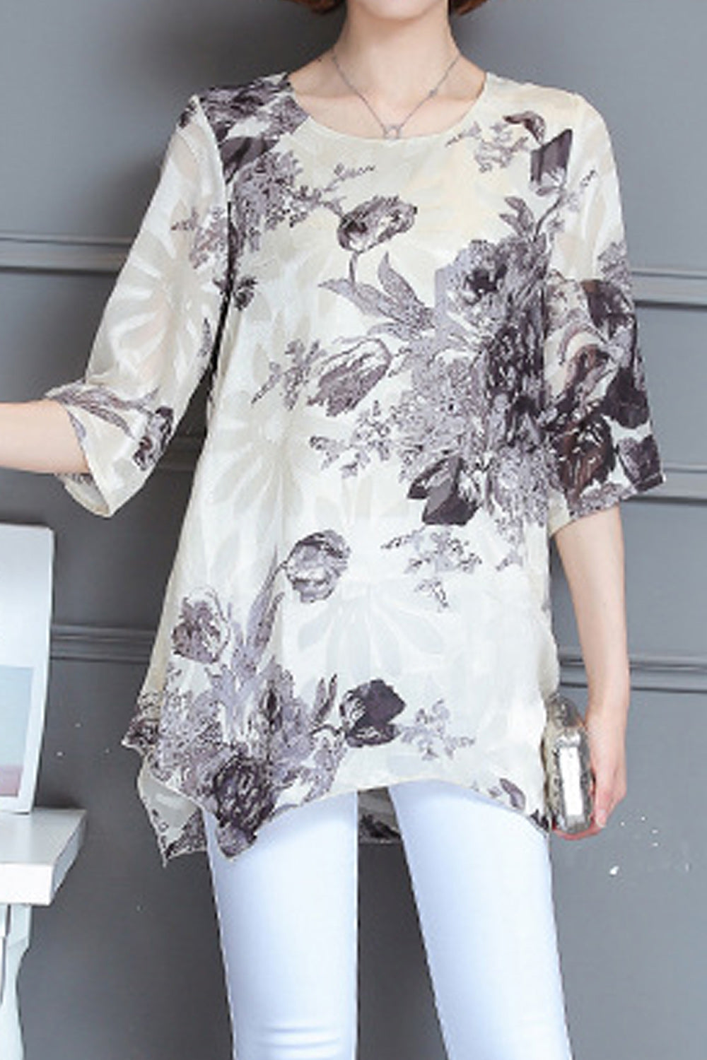 Women Lovely Printed Pattern Easy Round Neck Thin & Soft Short Sleeve Summer Casual Chiffon Blouse