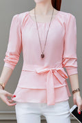 Women Comfortable Round Neck Long Sleeve Fabulous Solid Colored Stylish Pullover Chiffon Blowse