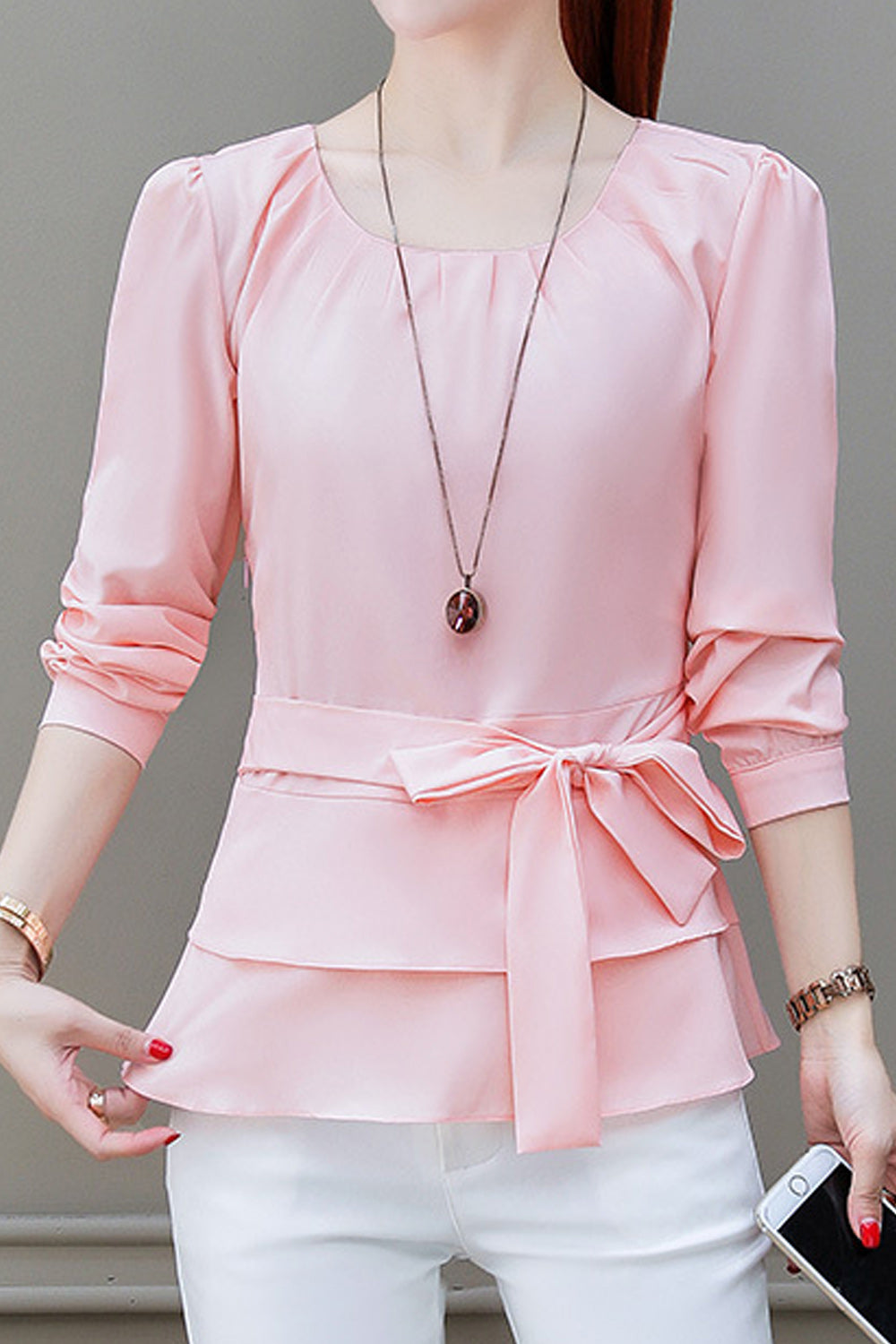 Women Comfortable Round Neck Long Sleeve Fabulous Solid Colored Stylish Pullover Chiffon Blowse