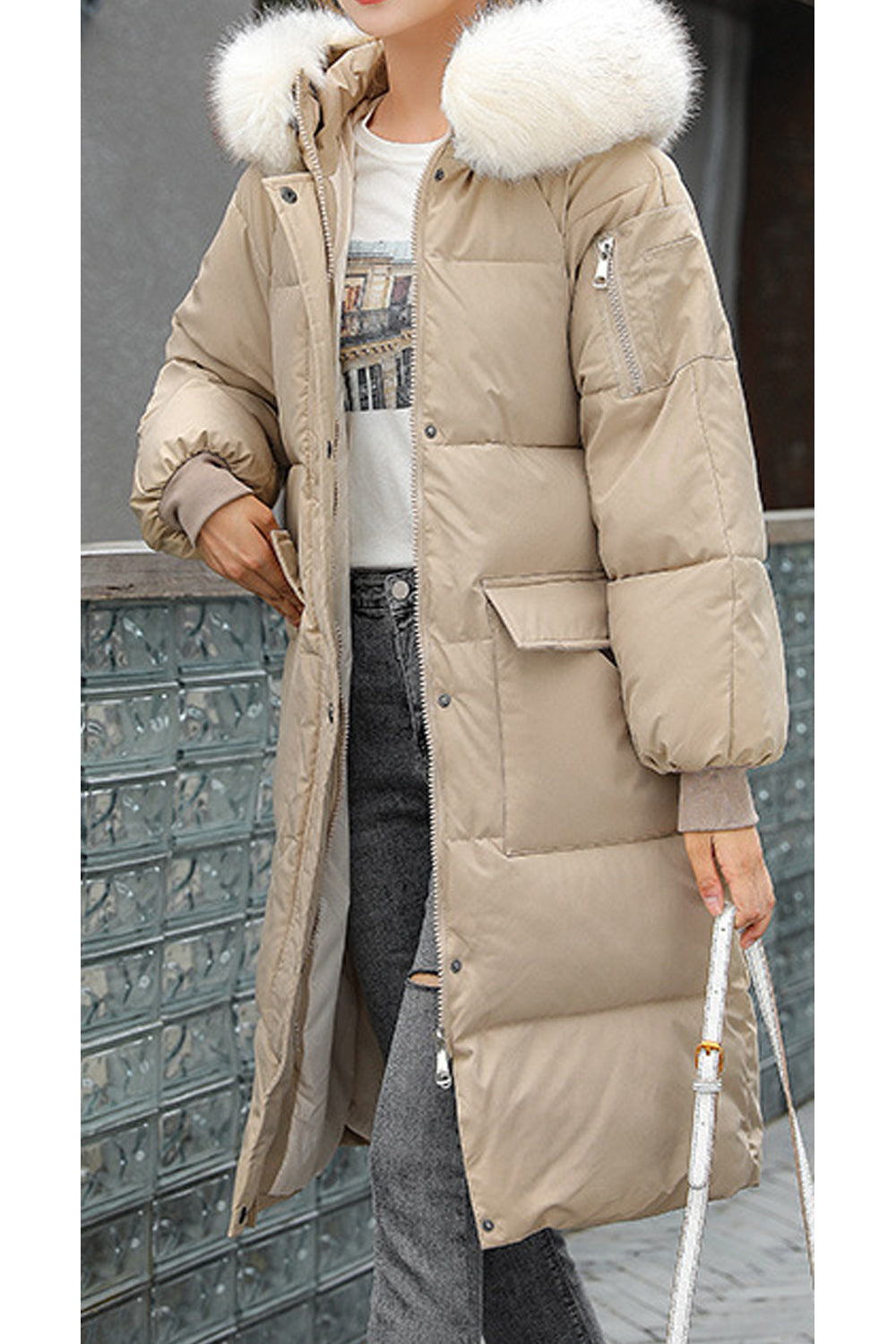 Women Warm Long Sleeve Fluffy Hooded Neck Flap Pocket Fabulous Solid Colored Winter Warm Casual Padded Jacke