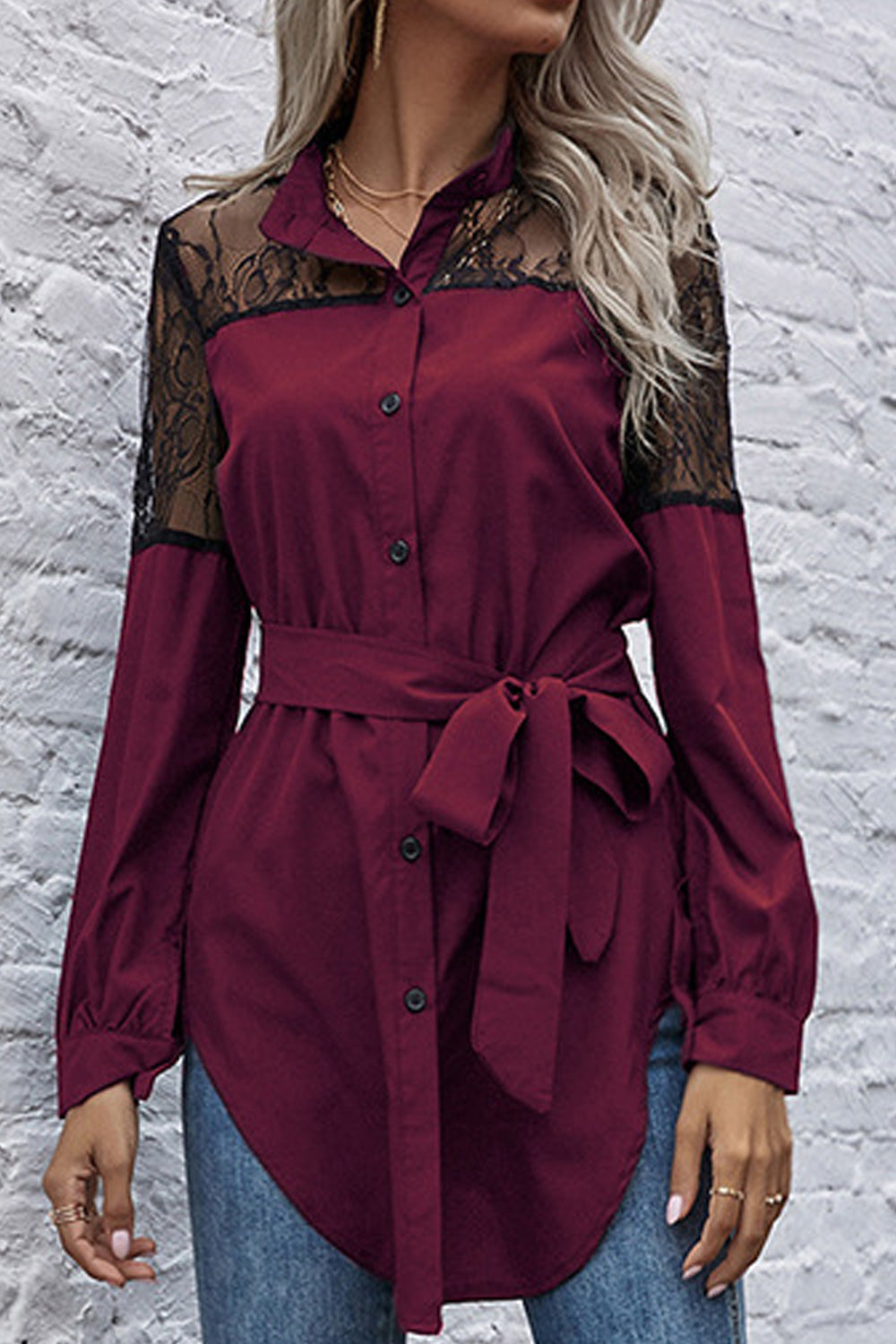 Women Bow Knotted Waist Long Sleeve Round Neck Solid Colored Pretty Shirt