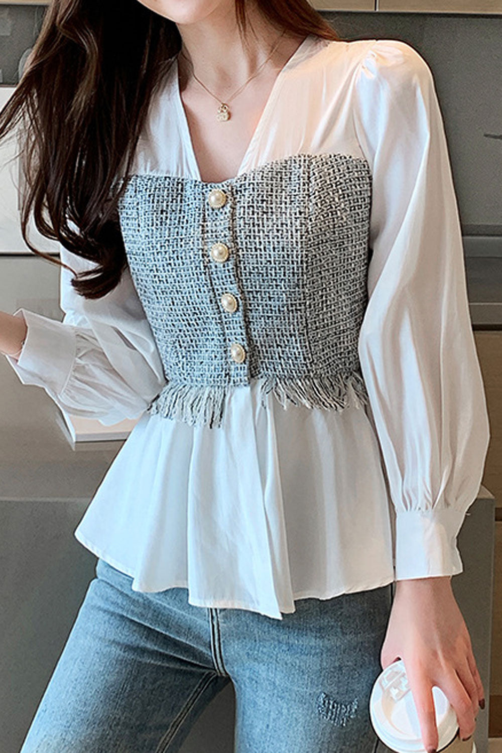 Women Splendid Solid Pattern Loose Long Sleeve V-Neck Pleated Hem Pullover Summer Casual Top