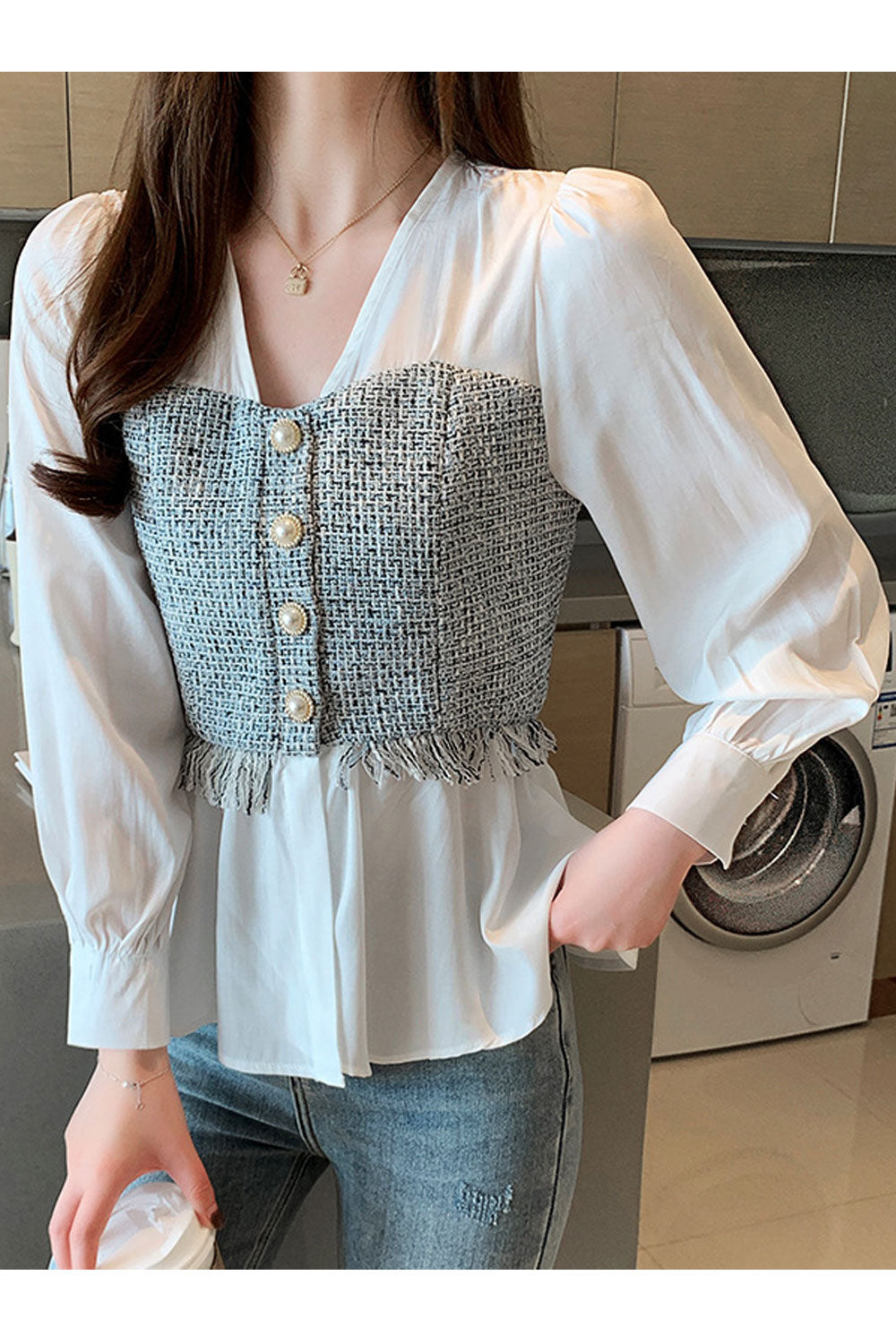 Women Splendid Solid Pattern Loose Long Sleeve V-Neck Pleated Hem Pullover Summer Casual Top