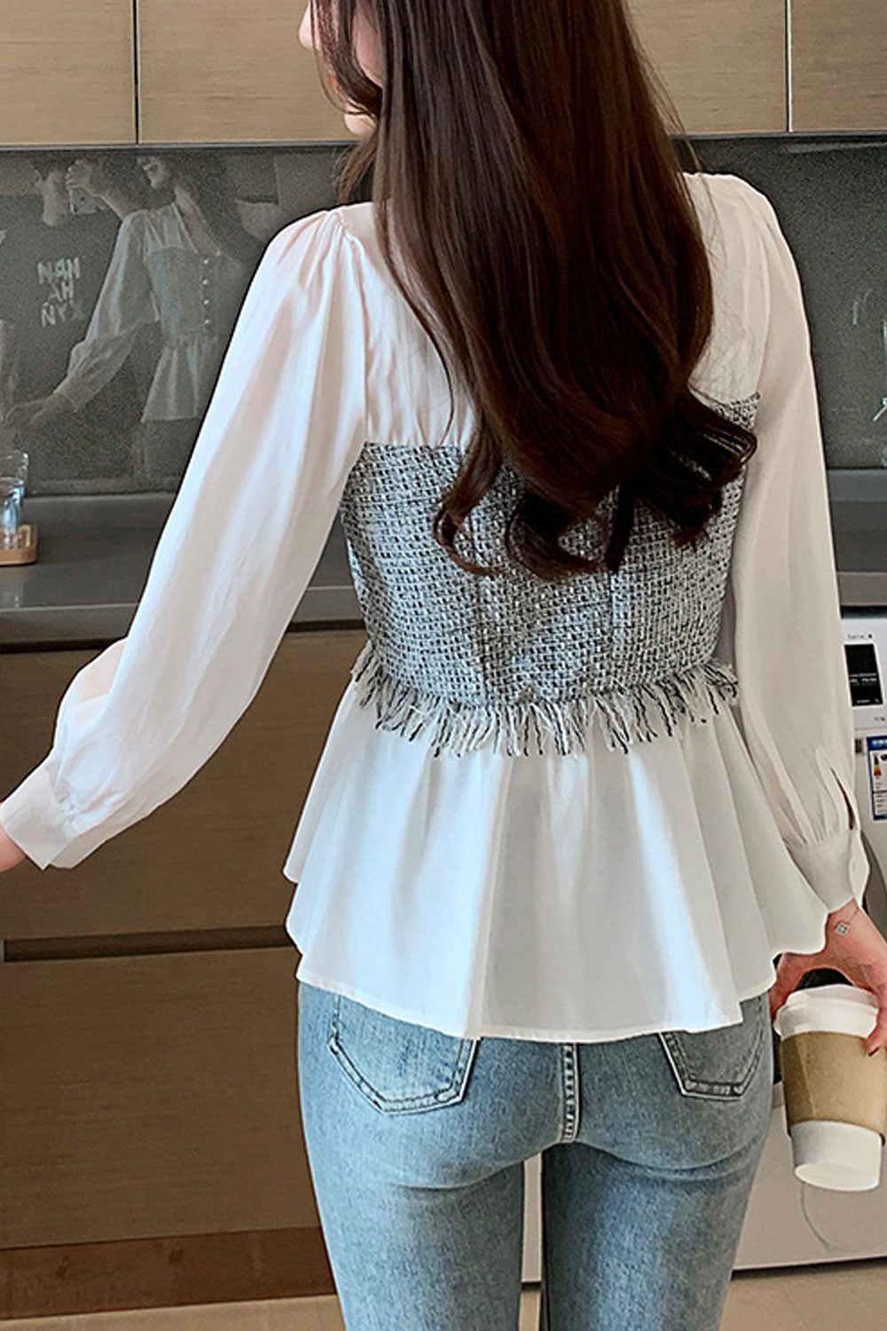 Women Splendid Solid Pattern Loose Long Sleeve V-Neck Pleated Hem Pullover Summer Casual Top