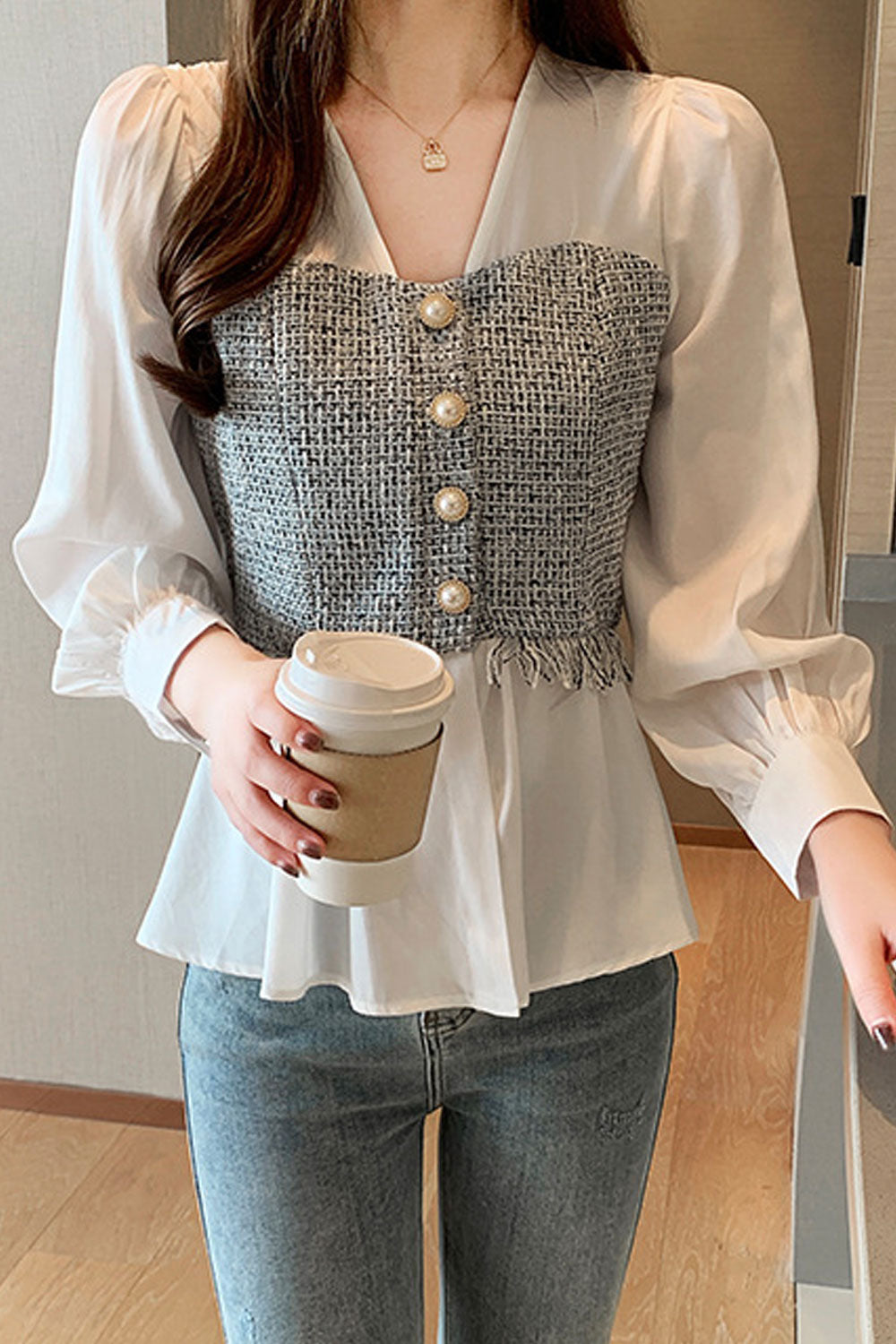 Women Splendid Solid Pattern Loose Long Sleeve V-Neck Pleated Hem Pullover Summer Casual Top